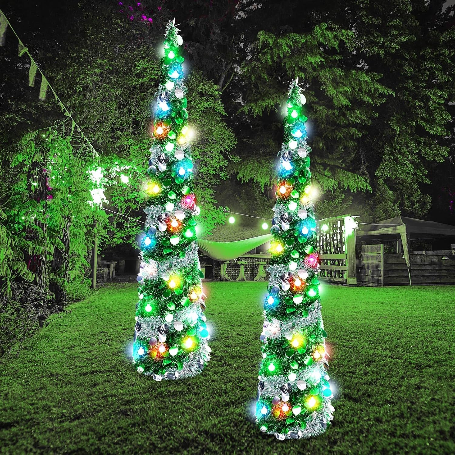 Sosation 2 piezas de árbol de 5 pies para el día de San Patricio preiluminado, árbol plegable artificial, plateado verde, árboles de oropel delgado