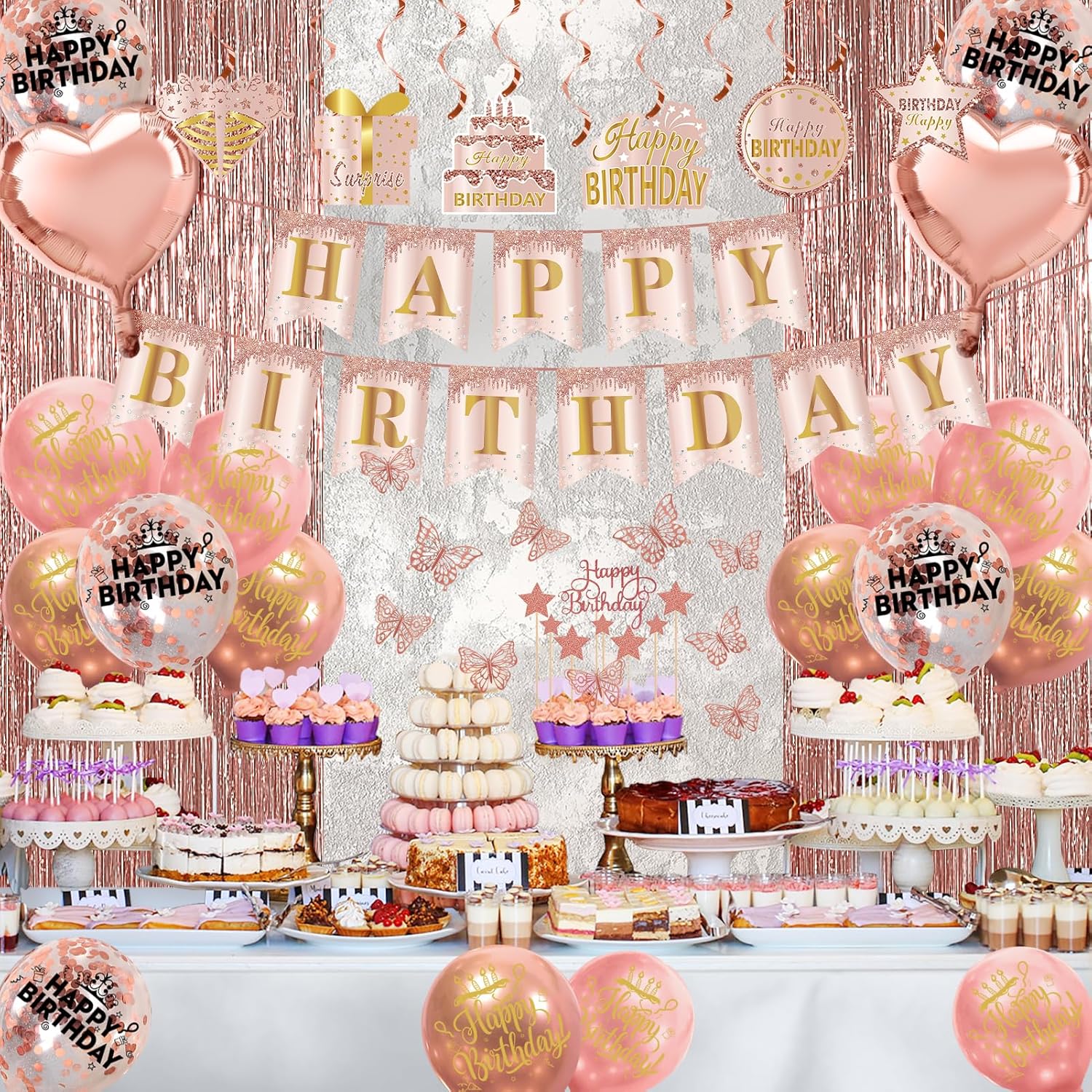 Kit de decoración de cumpleaños de 106 piezas de oro rosa para niñas y mujeres, pancarta rosa de feliz cumpleaños, globo, panal, centro de mesa,