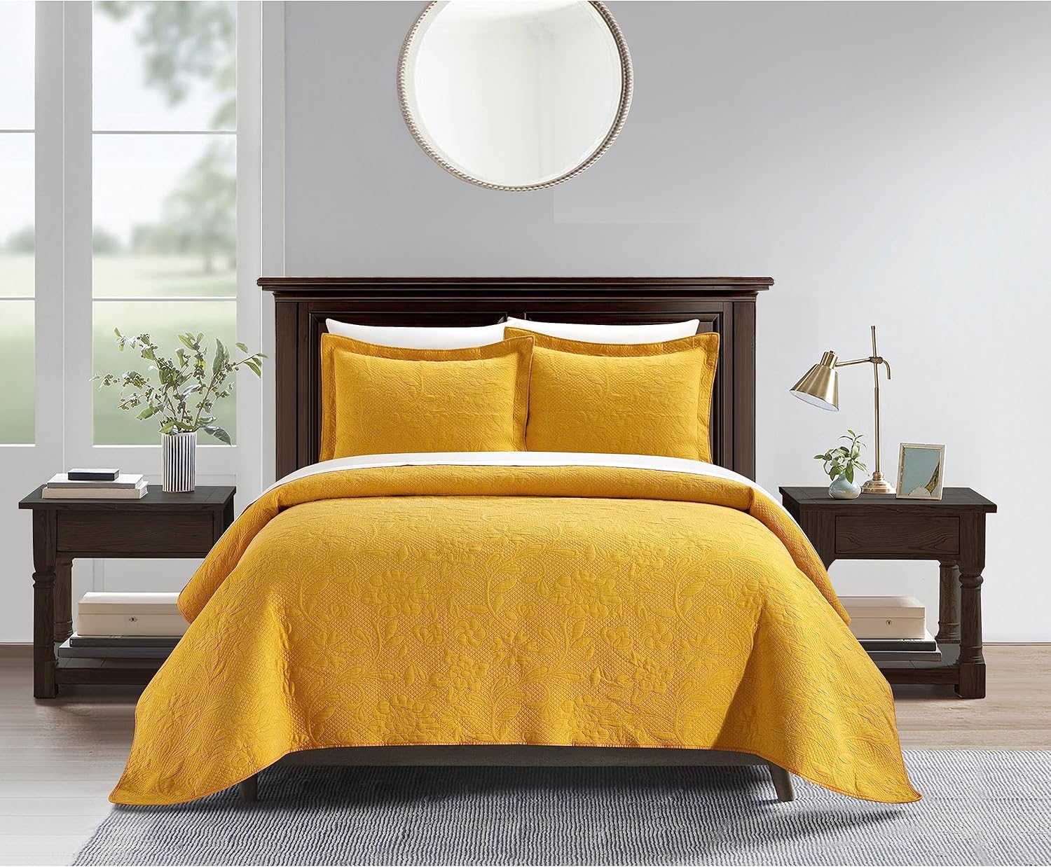 New York & Company Austin 3 Piece Cotton Blend Quilt Set Stone Washed Textured Floral Pattern Bedding – Pillow Shams Included, Queen, Grey