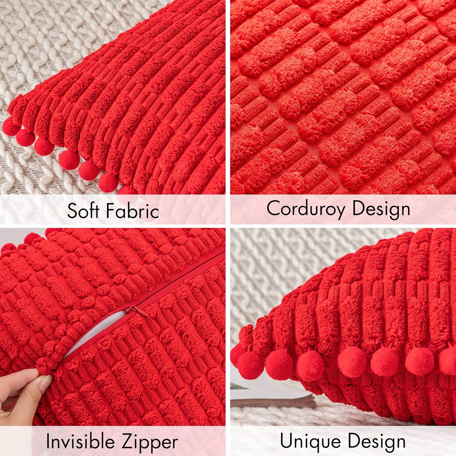 MIULEE Juego de 2 fundas de almohada decorativas de pana roja, con pompones, suaves, bohemias, a rayas, modernas, para decoración del hogar, para