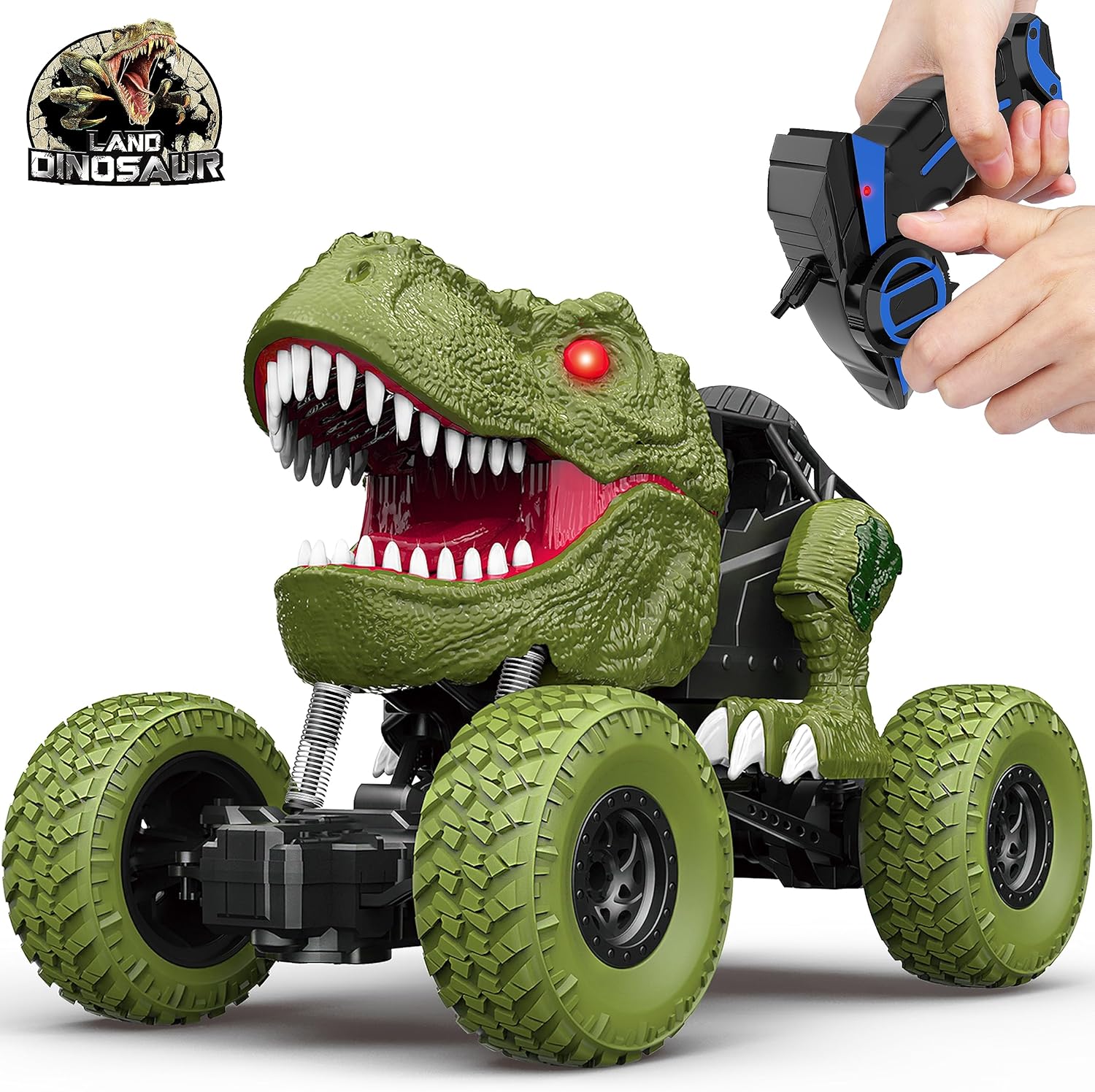Auto de dinosaurio a control remoto para niños y niños, camión de dinosaurio de control remoto todo terreno de 2.4Ghz con luz, recargable 4WD
