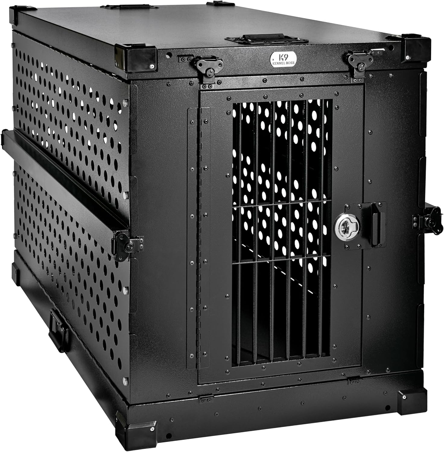 Caja para perros de aluminio con recubrimiento en polvo totalmente plegable y resistente – Grande (negro)