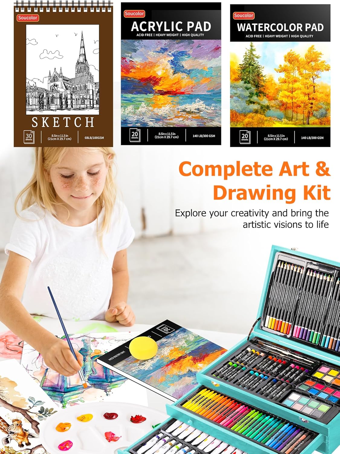 Soucolor Suministros de arte, paquete de 192 piezas de arte de lujo, suministros de pintura de dibujo, kit de arte con almohadilla acrílica,