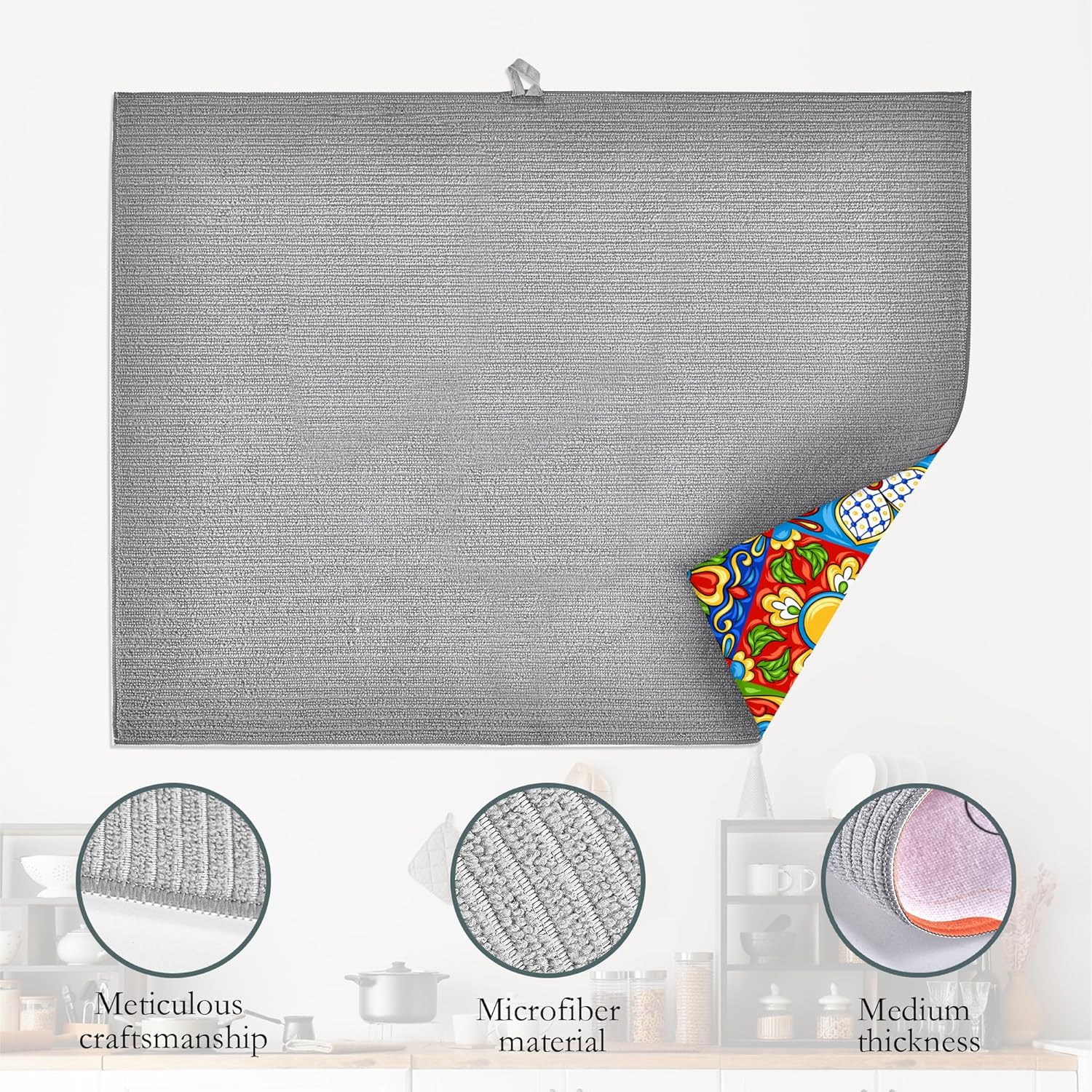 UIUPRO Tapete de secado de platos de azulejos mexicanos, tapete de secado bohemio de estilo bohemio, tapete de microfibra ultra absorbente para