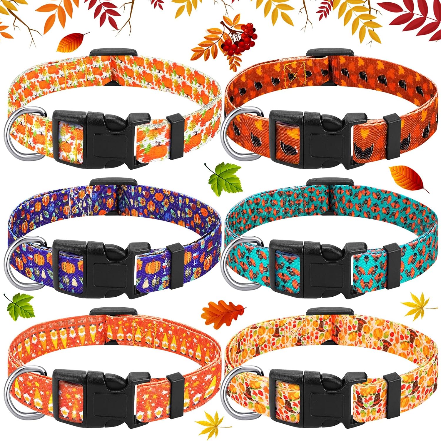 6 piezas de collar de perro de otoño de Acción de Gracias para cachorros, extrapequeños, medianos y grandes, de nailon, ajustable, ligero, básico,
