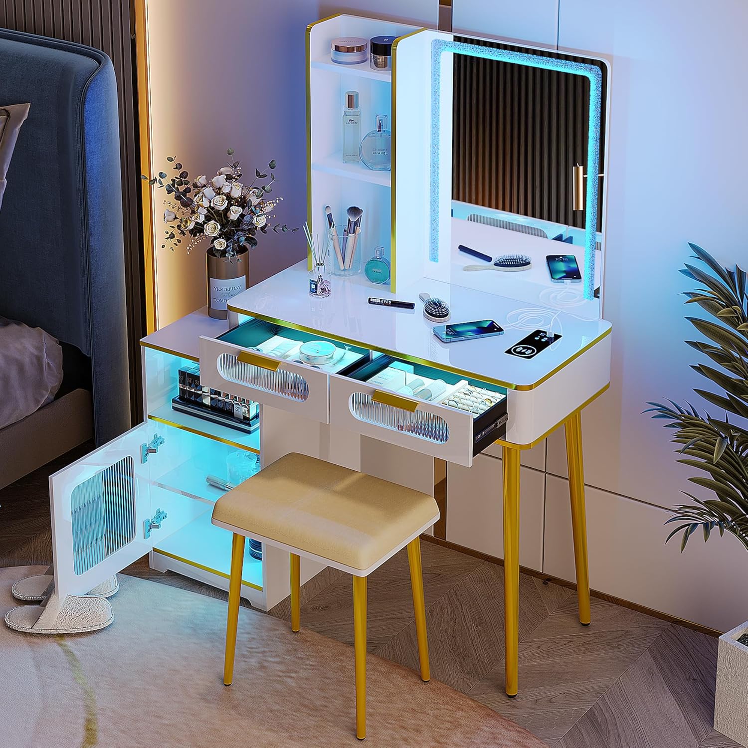 HNEBC Escritorio de tocador con espejo y luces, juego de tocador blanco con USB B & tipo C y carga inalámbrica, tocador de maquillaje con