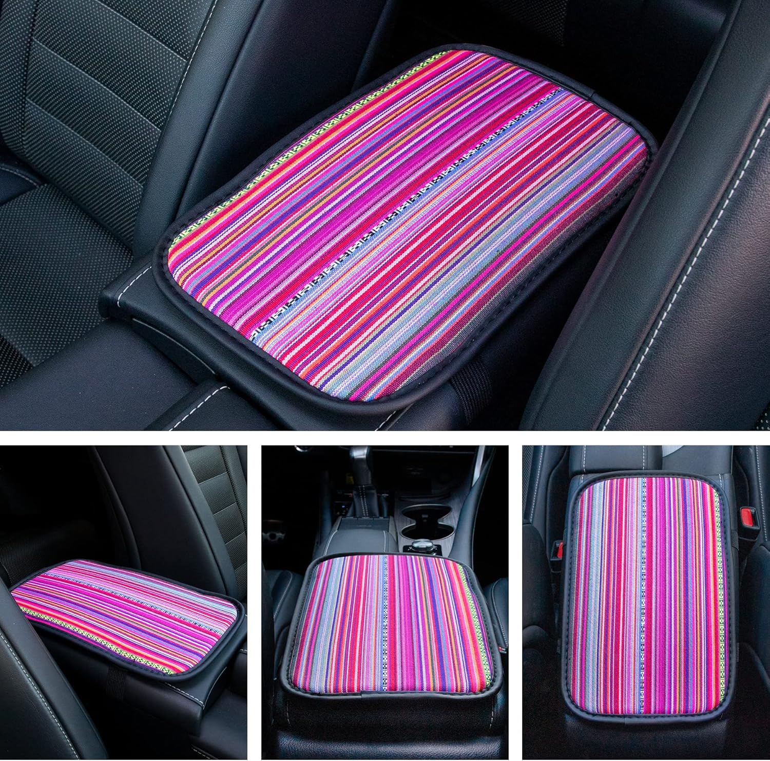 Amiss Almohadilla de consola central bohemia para automóvil, funda de tela de lino de estilo étnico, funda universal antideslizante y suave para