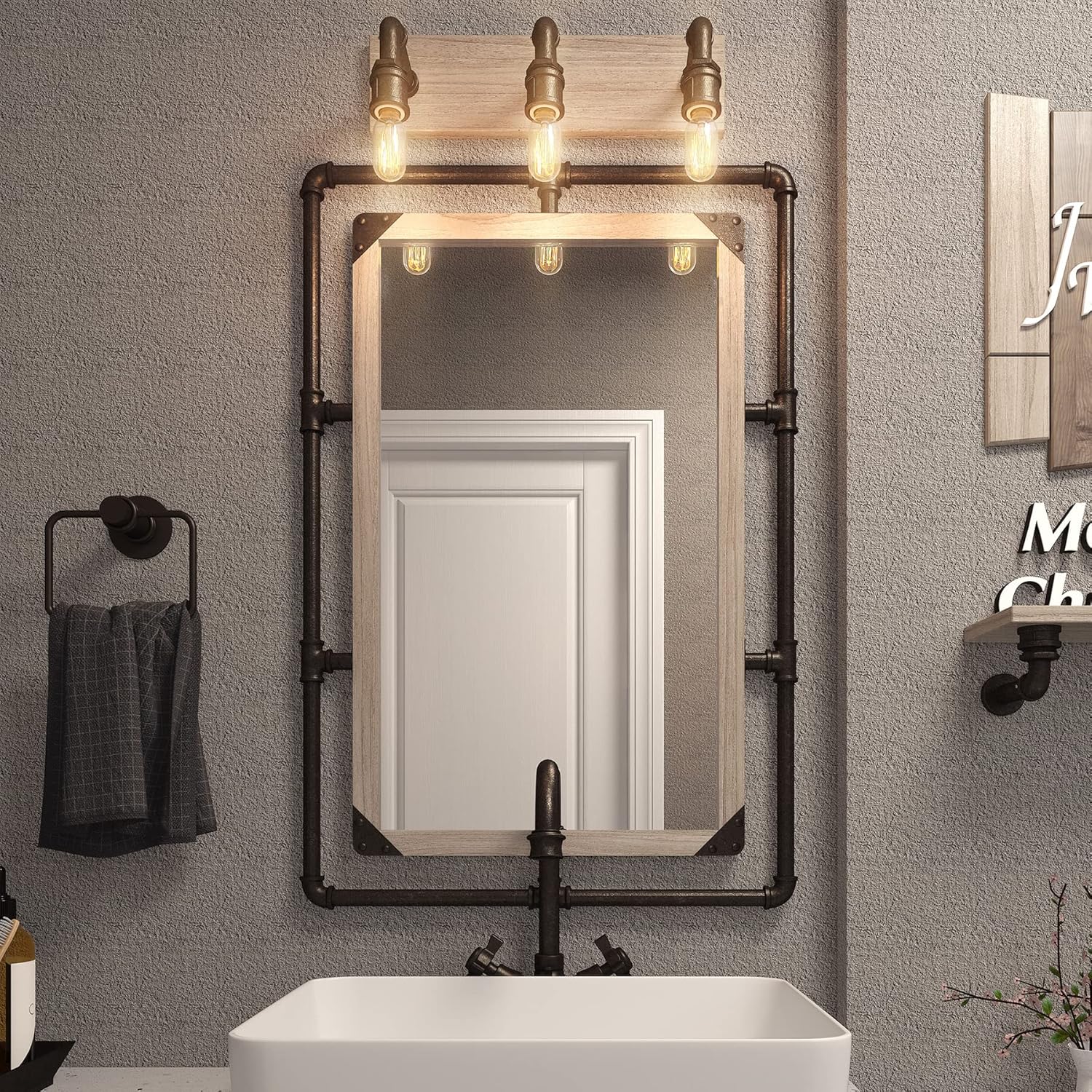 Espejo de tubo industrial rústico  36 x 24 pulgadas, espejo de pared rectangular de metal decorativo para baño, sala de estar, dormitorio, espejo de