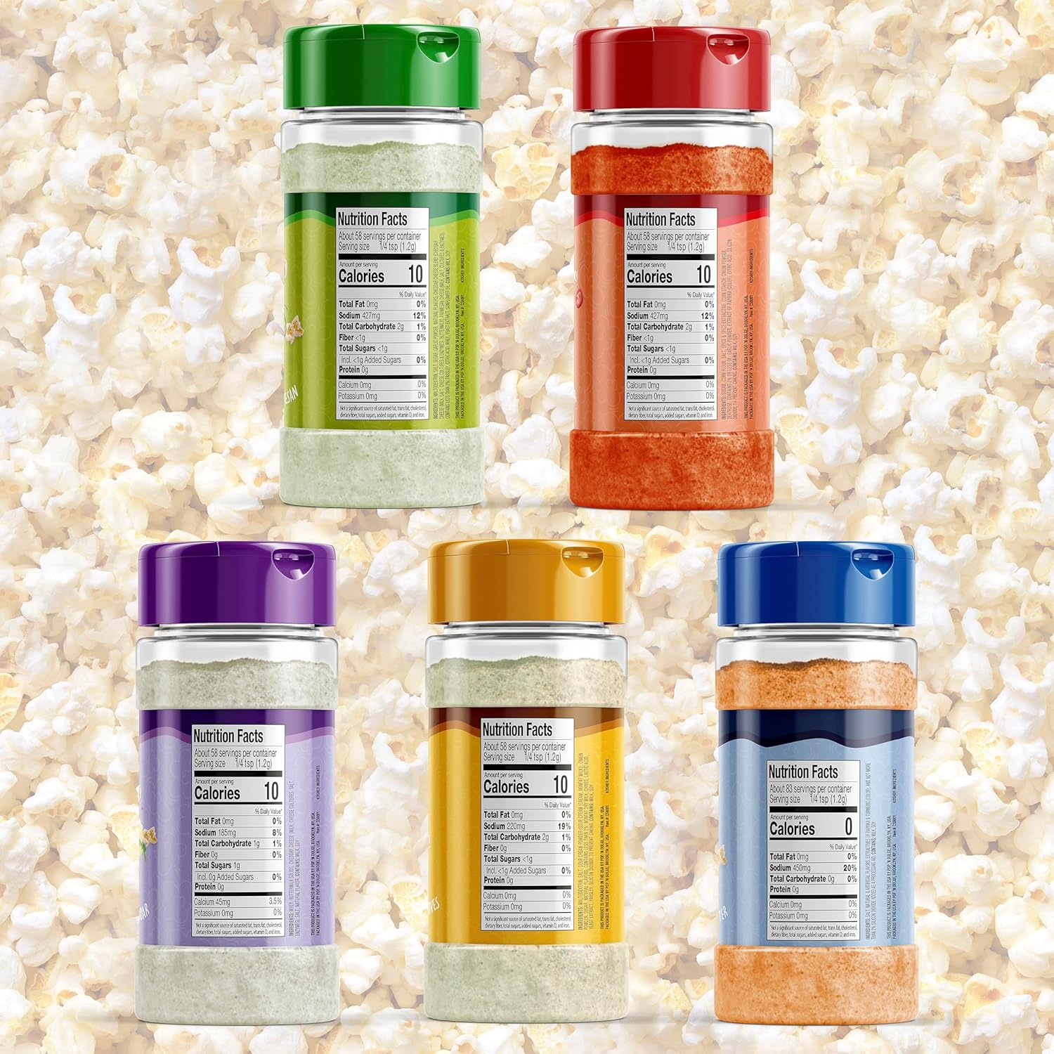 Paquete variado de condimentos de palomitas de maíz, 5 kit de sabor gourmet de 2.5 onzas, sin OMG, sin gluten, suministros esenciales para la noche