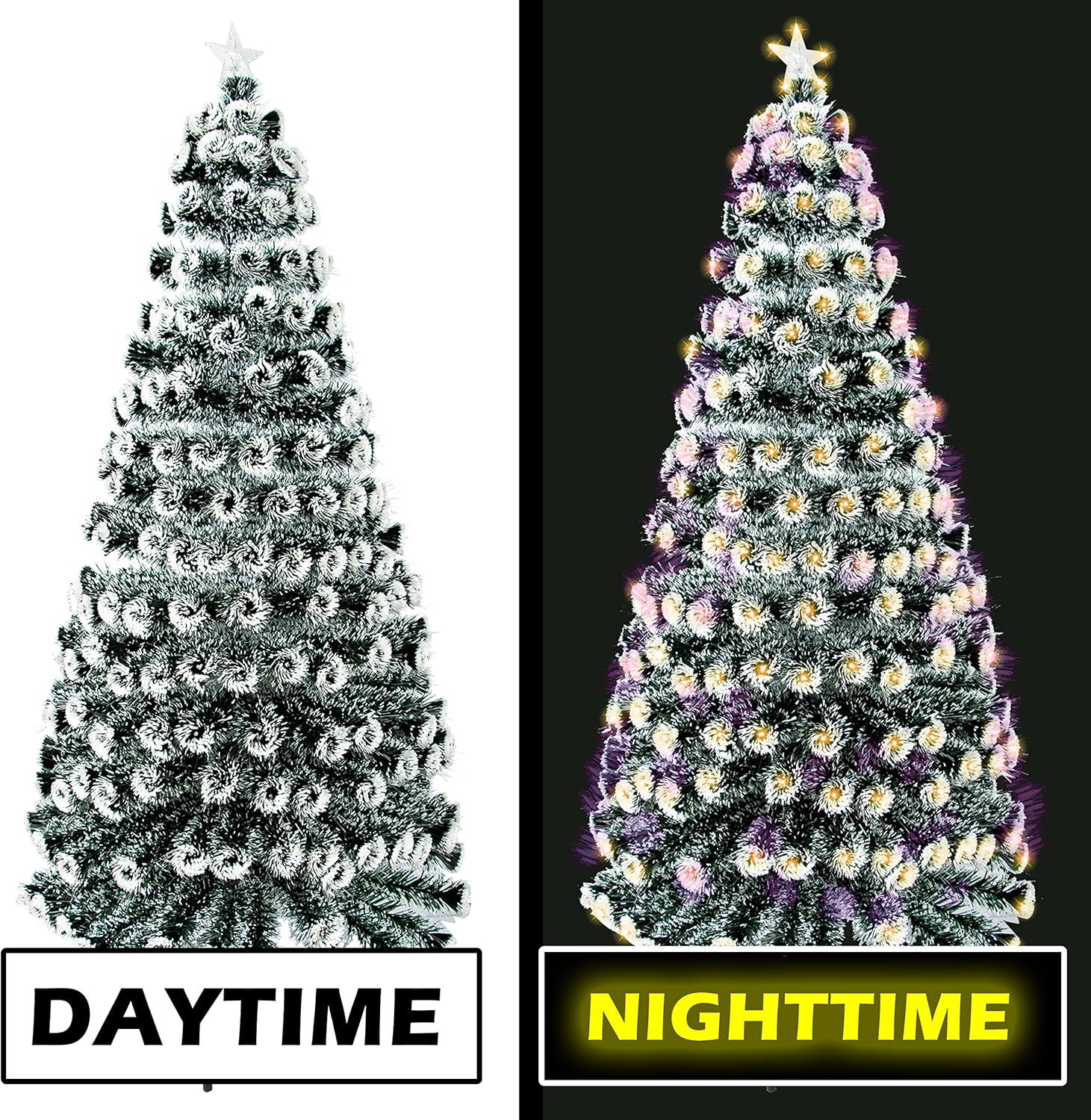 GEX Árbol de Navidad preiluminado de 7 pies con luces, 8 modos, luces cálidas amarillas, verde oscuro artificial con borde blanco, pino con soporte