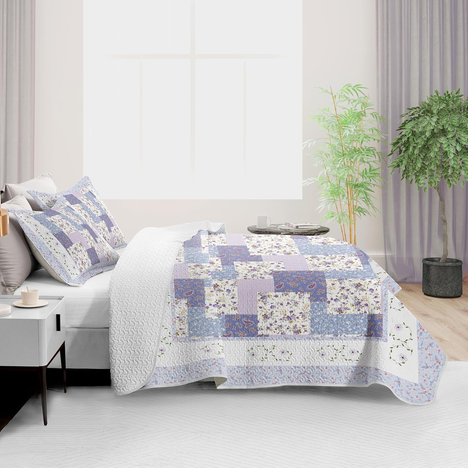 Juego de ropa de cama morada tamaño King  Colchas reversibles de microfibra con 2 fundas de almohada, ropa de cama suave y ligera, colcha de flores,