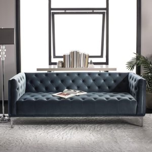 Safavieh Couture Home Florentino Glam – Sofá copetudo azul polvoriento y dorado Safavieh Couture Home Florentino Glam – Sofá copetudo azul polvoriento y dorado