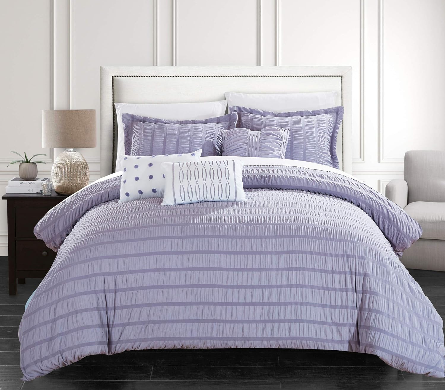 Chic Home Hadassah – Juego de edredón de 6 piezas a rayas fruncidas con volantes, fundas de almohada decorativas incluidas, King, lavanda