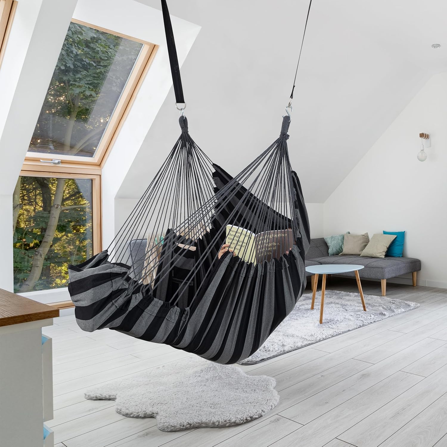 Jelofly Silla hamaca grande colgante con soporte para pies y bolsillo máximo de 500 libras, cómoda silla columpio para dormitorio, interior y
