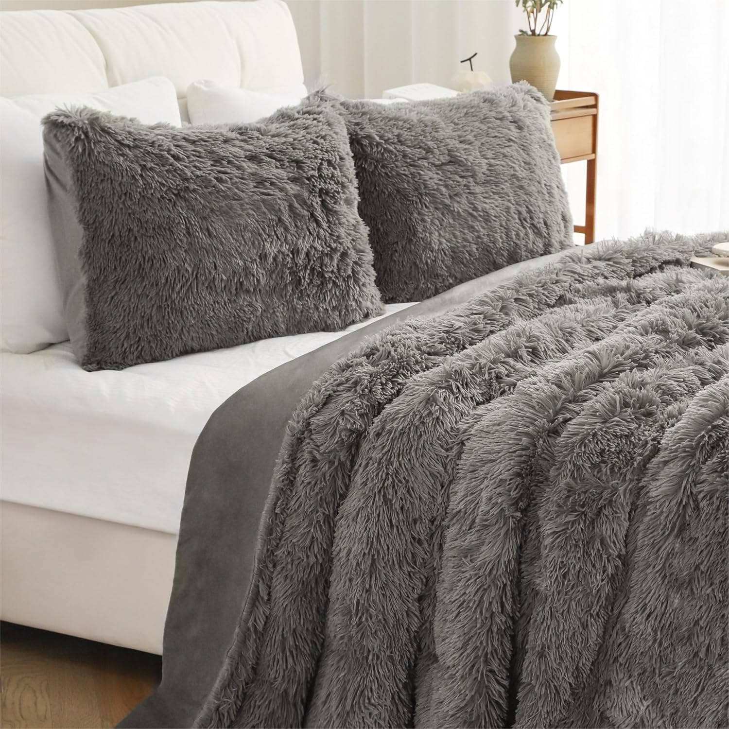 Juego de edredón peludo, tamaño Queen, juego de ropa de cama de pelo sintético esponjoso, juego de ropa de cama de 3 piezas (1 edredón peludo + 2