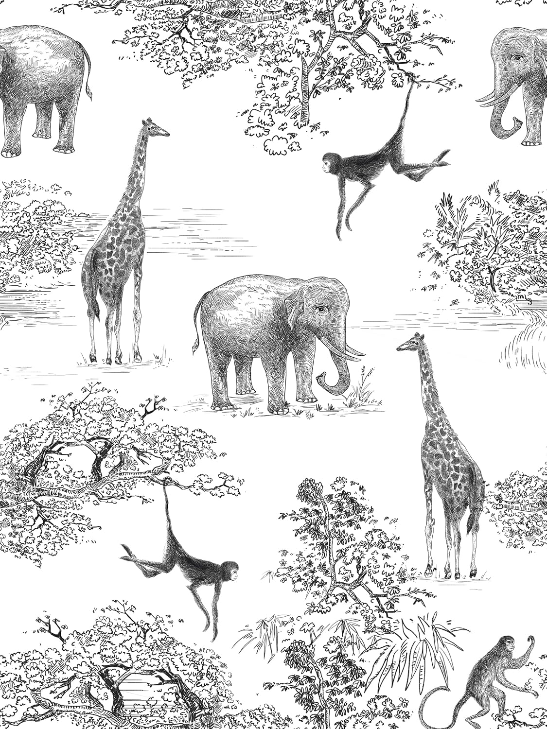 Papel tapiz autoadhesivo con diseño de jirafa y elefante, color negroblanco, para habitación de los niños, papel tapiz de animales del bosque, papel