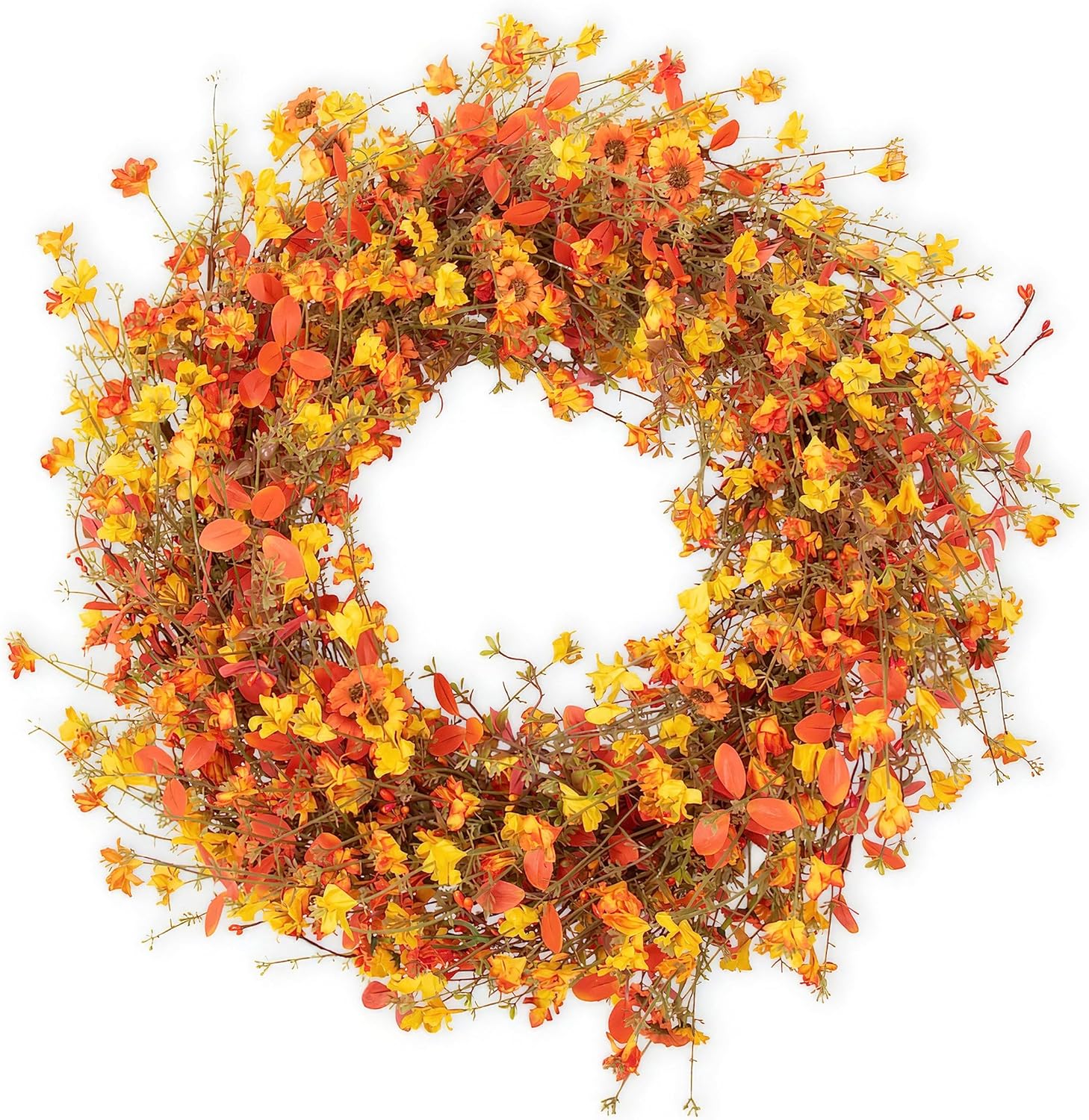 Corona de otoño de 22 pulgadas para puerta delantera, corona de otoño artificial de eucalipto naranja con margaritas jazmín, corona de otoño para