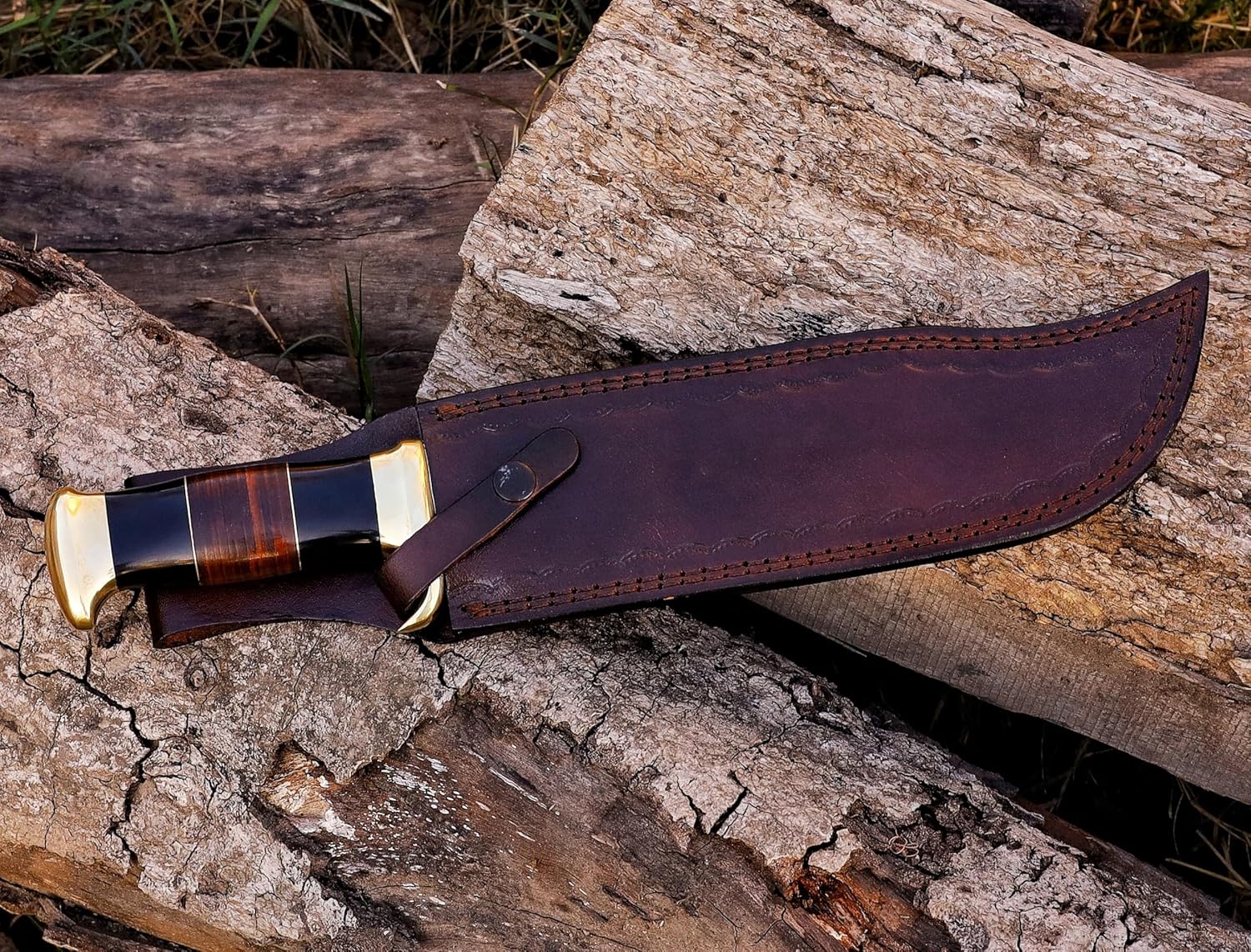HMC – Cuchillo Bowie Dundee de cocodrilo grande hecho a mano de 15 pulgadas con funda de cuero, cuchillo Bowie de acero inoxidable D2 pulido espejo