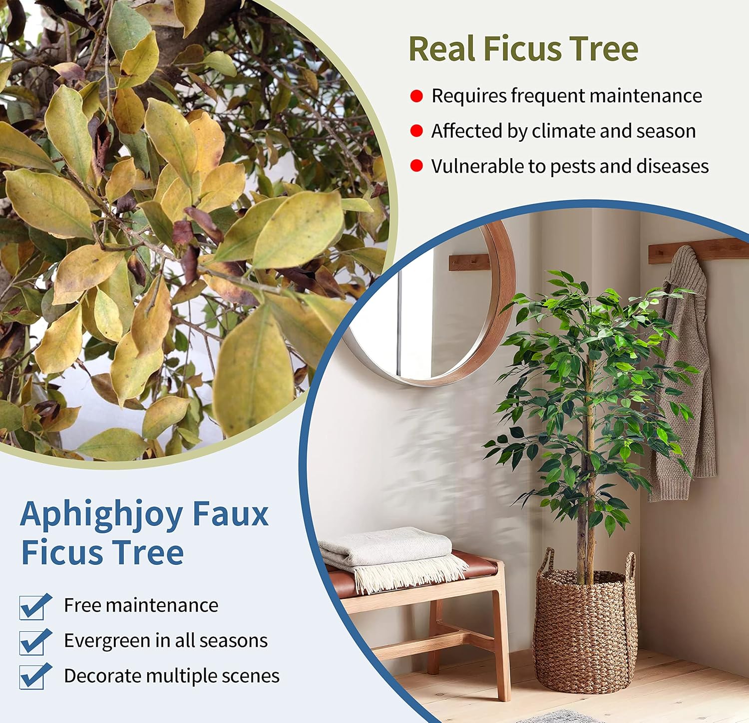 Plantas artificiales de ficus, árboles de eucalipto con hojas de seda, musgo falso y maceta resistente, plantas falsas para decoración de oficina y