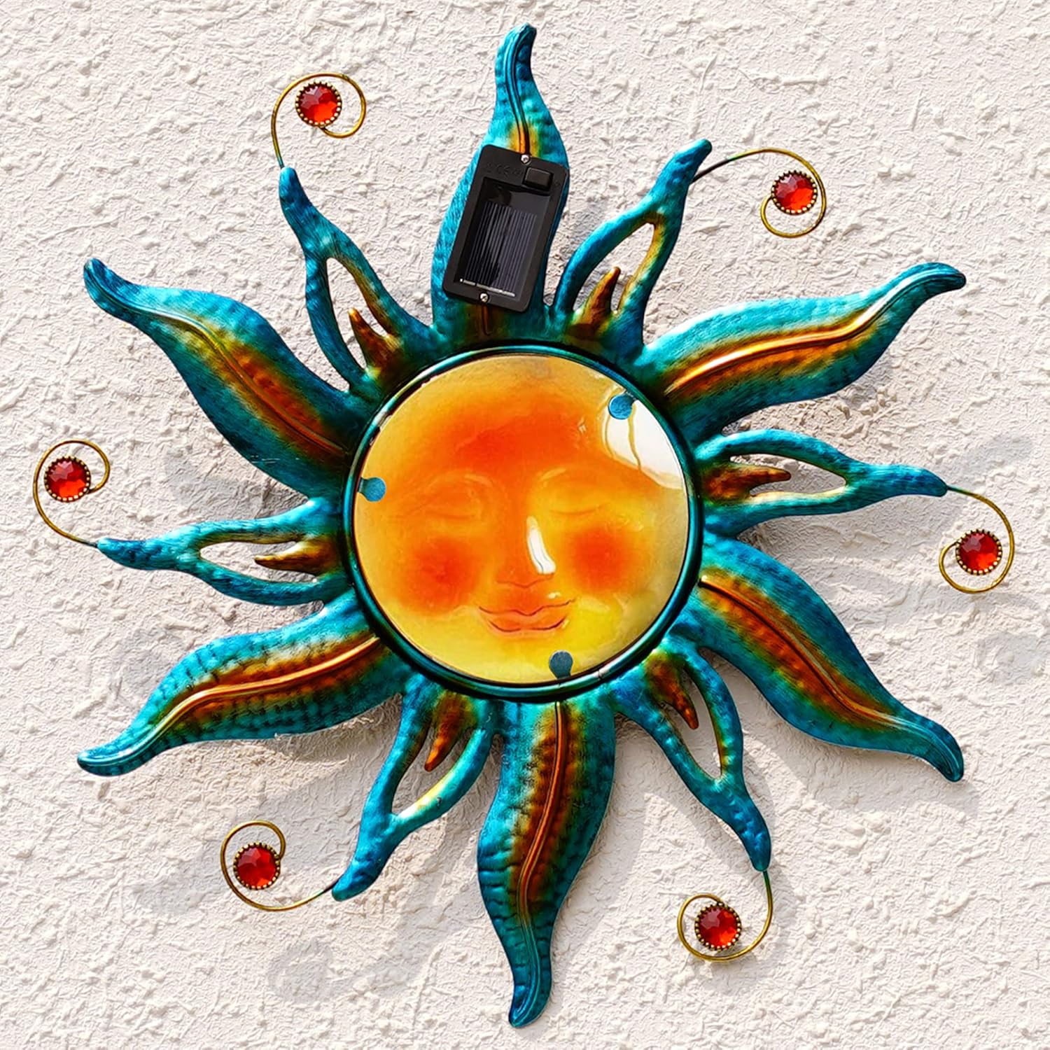 Fashionoda Arte de pared de cara solar de 18 pulgadas, escultura de sol de metal con luces LED y cara sonriente, decoración para colgar en la pared