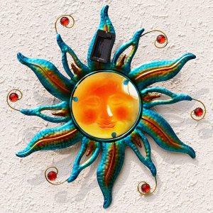 Fashionoda Arte de pared de cara solar de 18 pulgadas, escultura de sol de metal con luces LED y cara sonriente, decoración para colgar en la pared Fashionoda Arte de pared de cara solar de 18 pulgadas, escultura de sol de metal con luces LED y cara sonriente, decoración para colgar en la pared