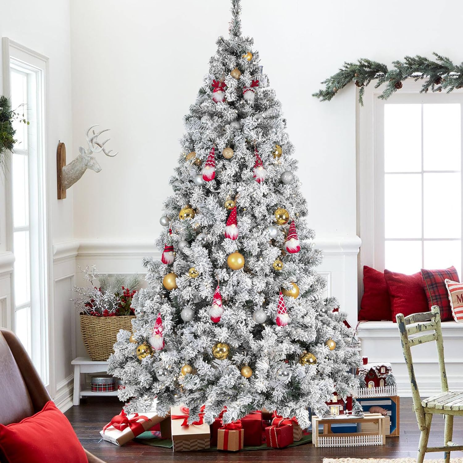 Árbol de Navidad preiluminado de 6 pies, árboles de Navidad artificiales con 250 luces multicolor y blancas cálidas, árbol de pino de Navidad para