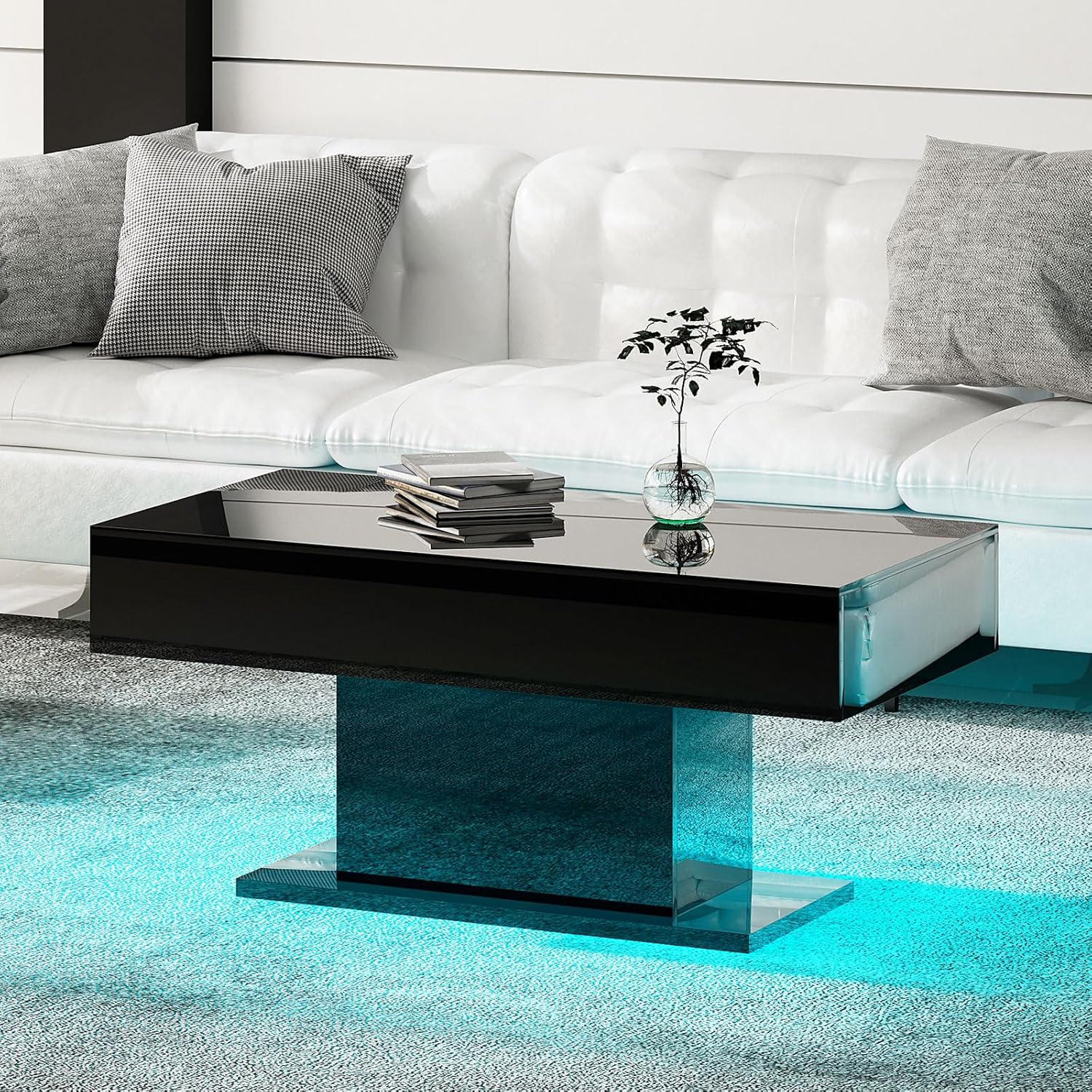 Mesa de centro LED para sala de estar, mesa de centro moderna de alto brillo con luces LED de 16 colores, mesa de centro rectangular inteligente de