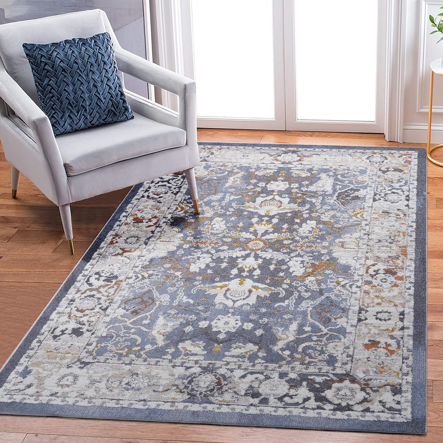 NAAR Colección PAYAS – Alfombra elegante y resistente a las manchas de 8 x 10 pies, color azul tradicional que no desprende pelusa, para sala de