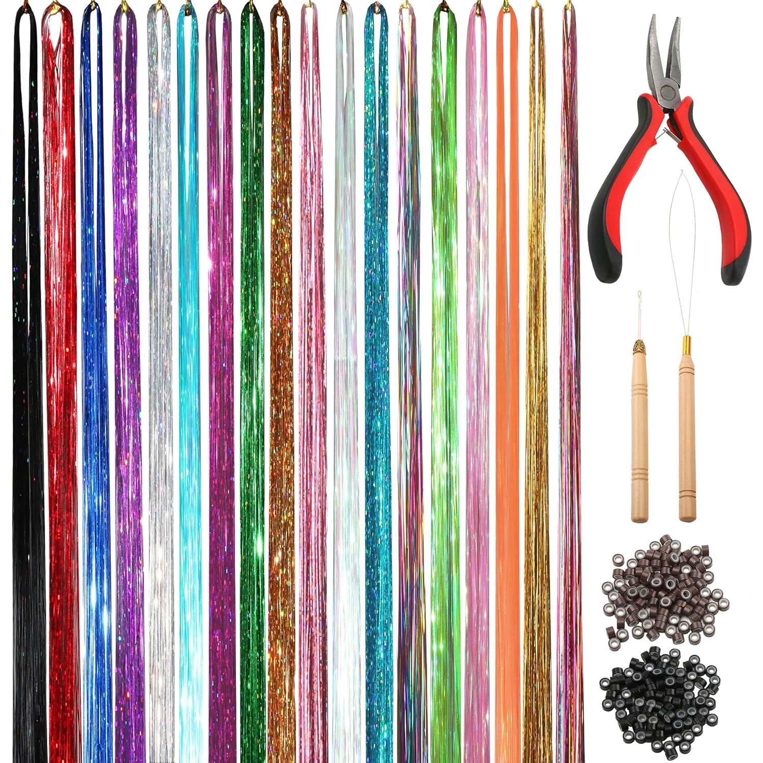 NIACONN Kit de oropel de 18 colores, 48 pulgadas, 3600 hebras de extensiones de cabello de oropel con purpurina para niñas y mujeres, Navidad, Año