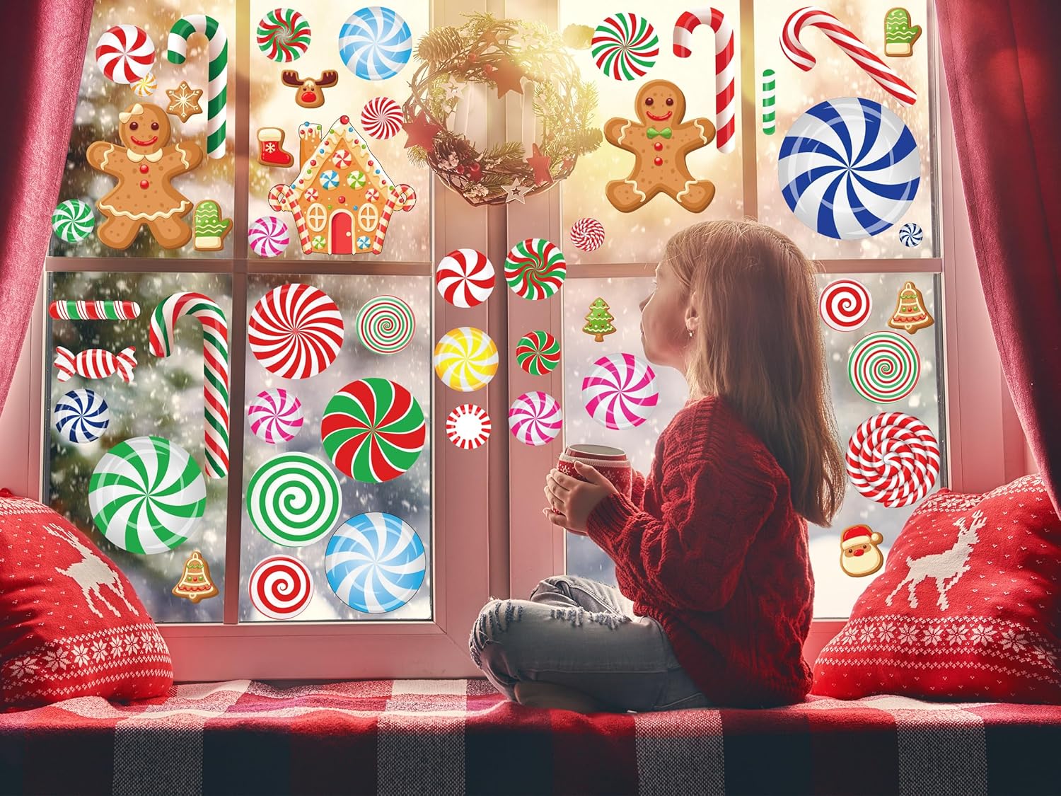 Adhesivos para ventana de bastón de caramelo, 3D, 88 unidades, calcomanías de ventana de menta de doble cara, decoración de ventana de Feliz Navidad