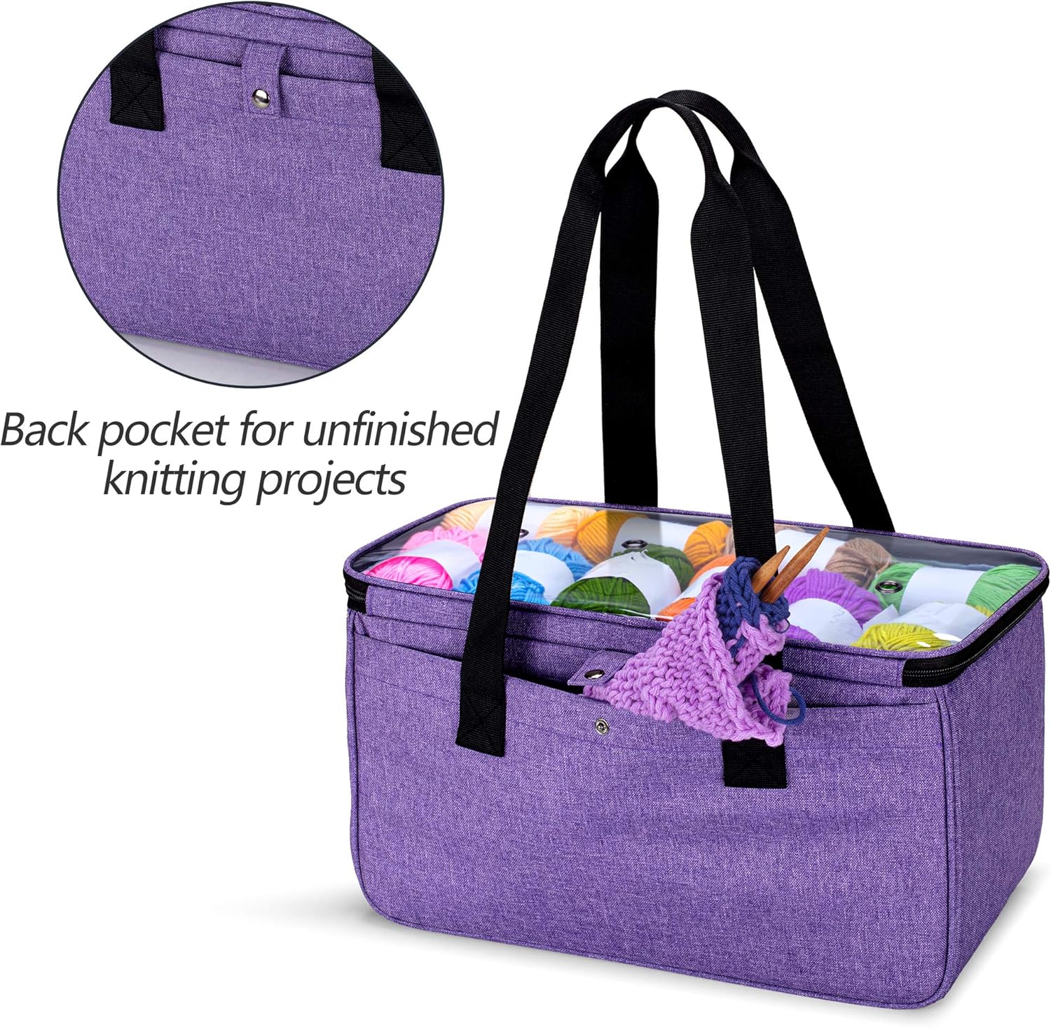 Yarwo Bolsa de hilo de tejer, bolsa de ganchillo con bolsillo para proyectos de limpieza, agujas de tejer (hasta 14 pulgadas) y madejas de hilo,