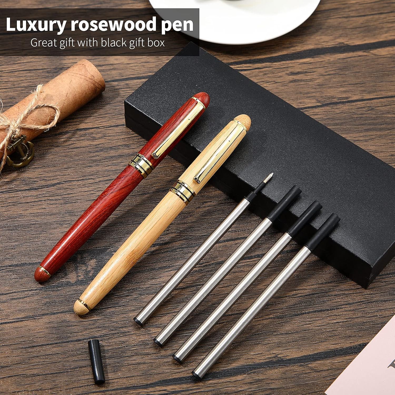 Zonon 2 bolígrafos de madera de bambú hechos a mano con 4 recambios de bolígrafo negro y 1 caja de regalo para Navidad, Día del Padre, San Valentín,