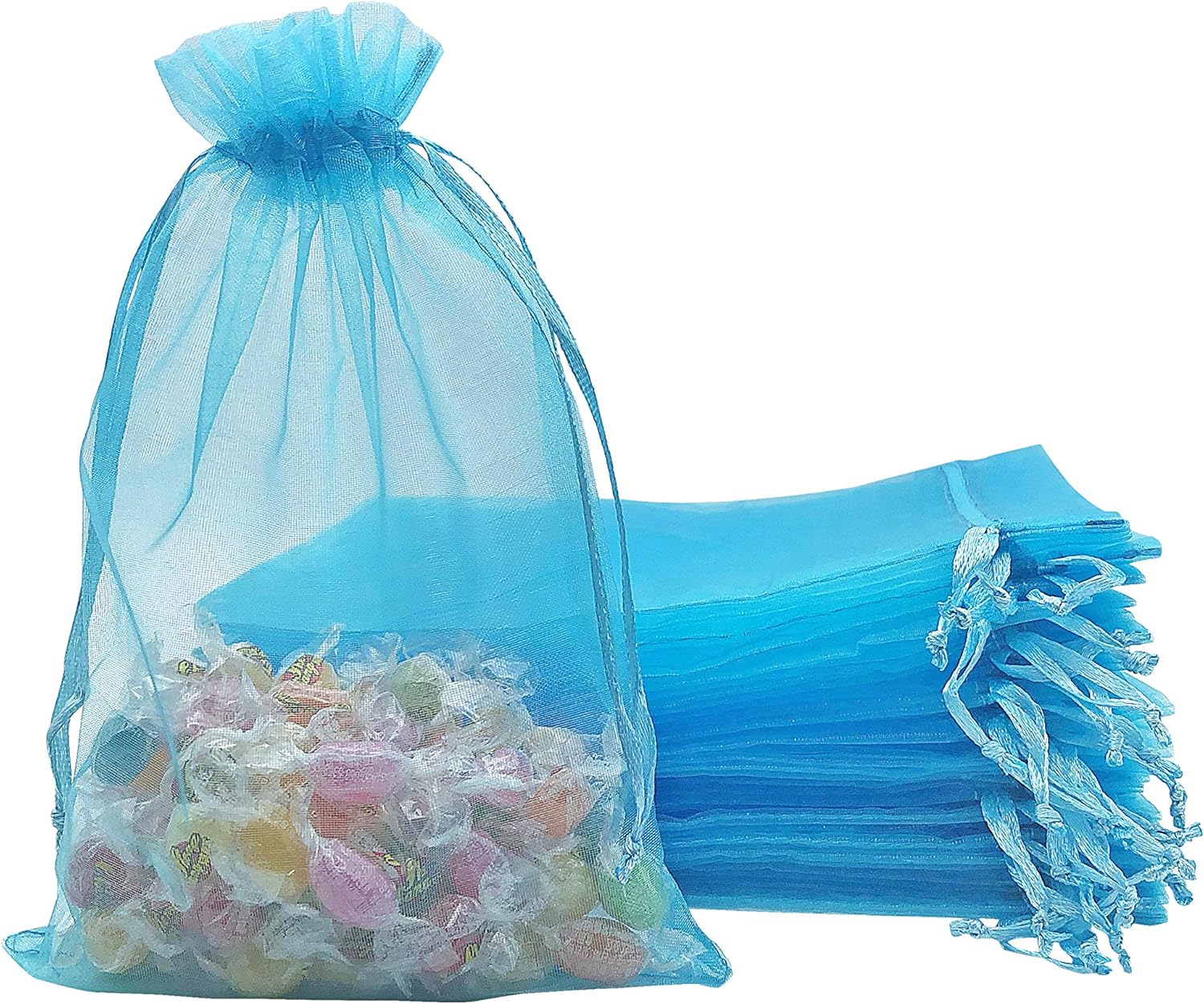 Jexila – 100 bolsas de organza transparentes de 5 x 7 pulgadas con cordón color turquesa, bolsas para regalar joyería, bolsas para regalo de malla