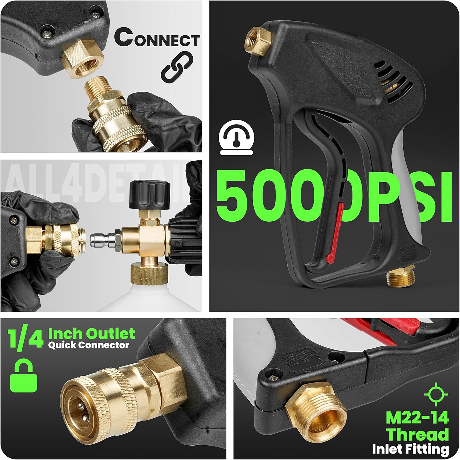 ALL4DETAIL Cañón de espuma prémium con pistola de lavado a presión de 5000 PSI, pistola de lavado eléctrico con conector rápido de 14 pulgadas, 5