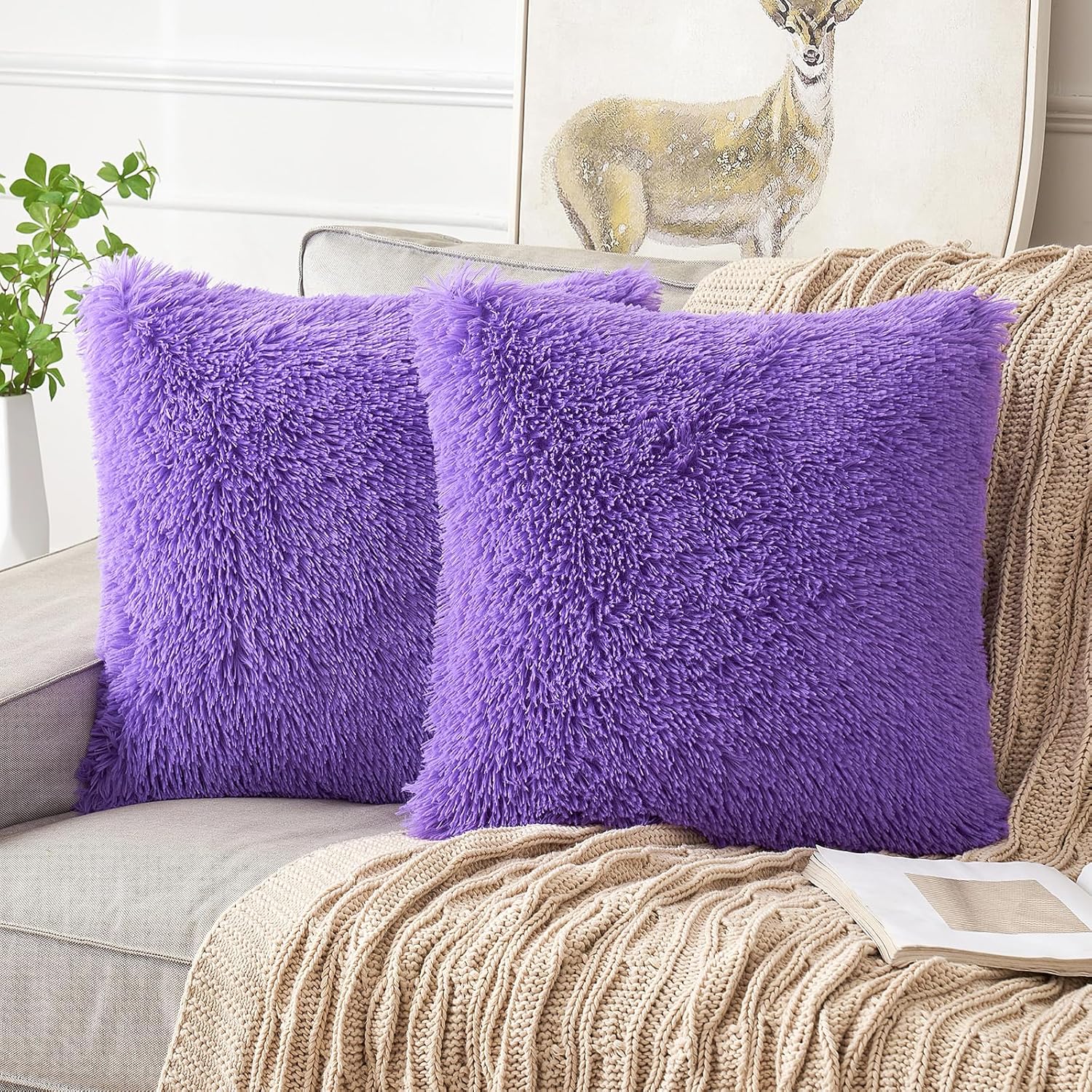 ANRODUO Paquete de 2 almohadas de primavera moradas, almohadas esponjosas de lujo de piel sintética, fundas de cojín decorativas de felpa estilo