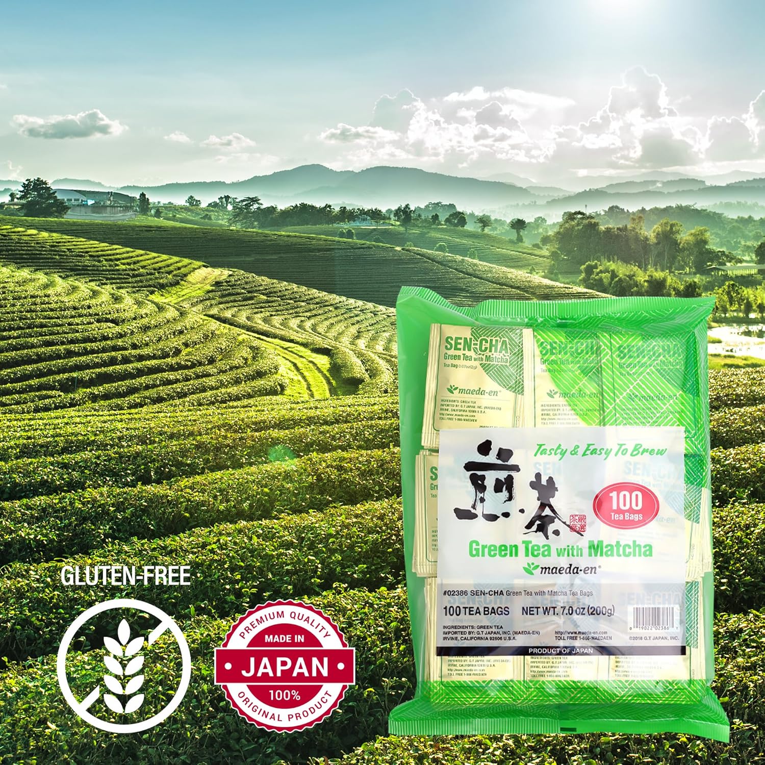 MAEDA-EN Sen-cha con verde matcha, 100 bolsitas de té en polvo de origen japonés, hojas de té verde envueltas individualmente, 02386 1 paquete