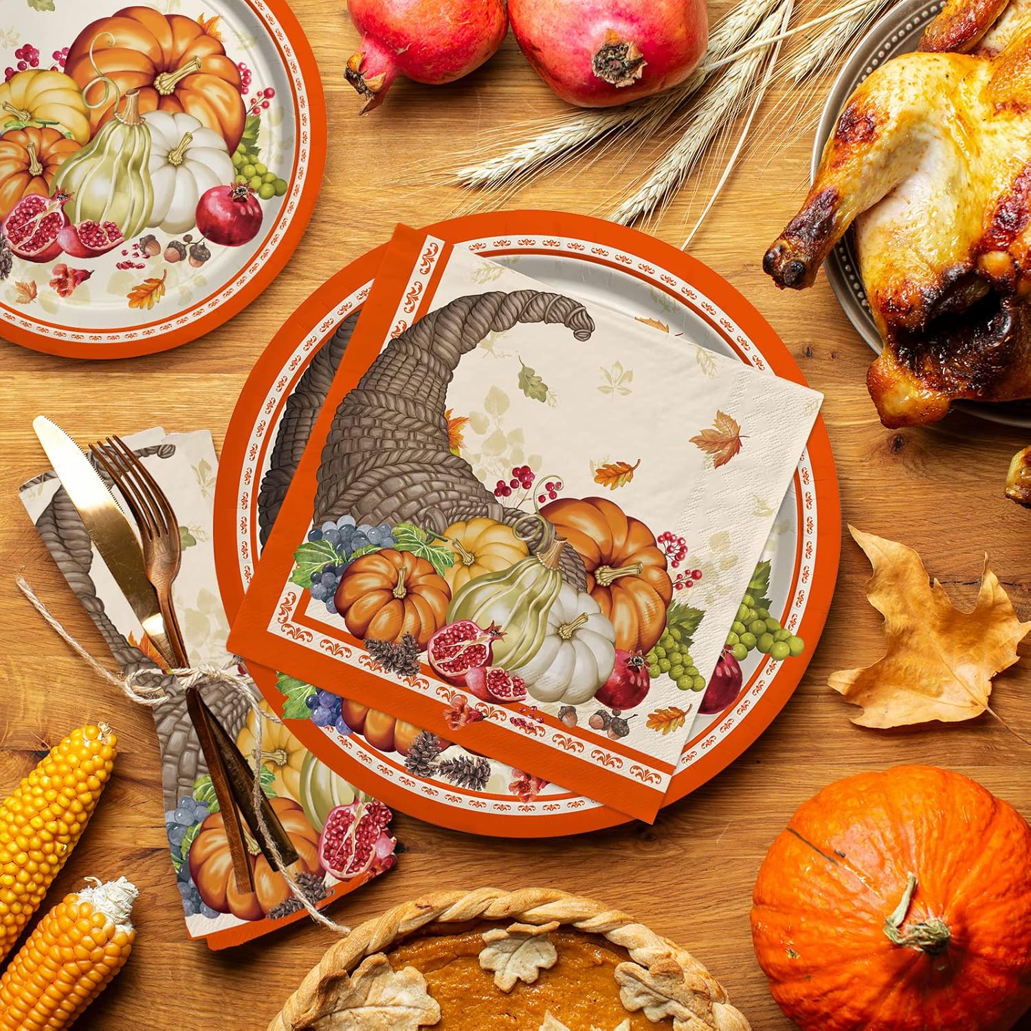 El kit de suministros para fiesta de cosecha de calabaza de otoño incluye platos de papel desechables Cornucopia, platos de postre y servilletas