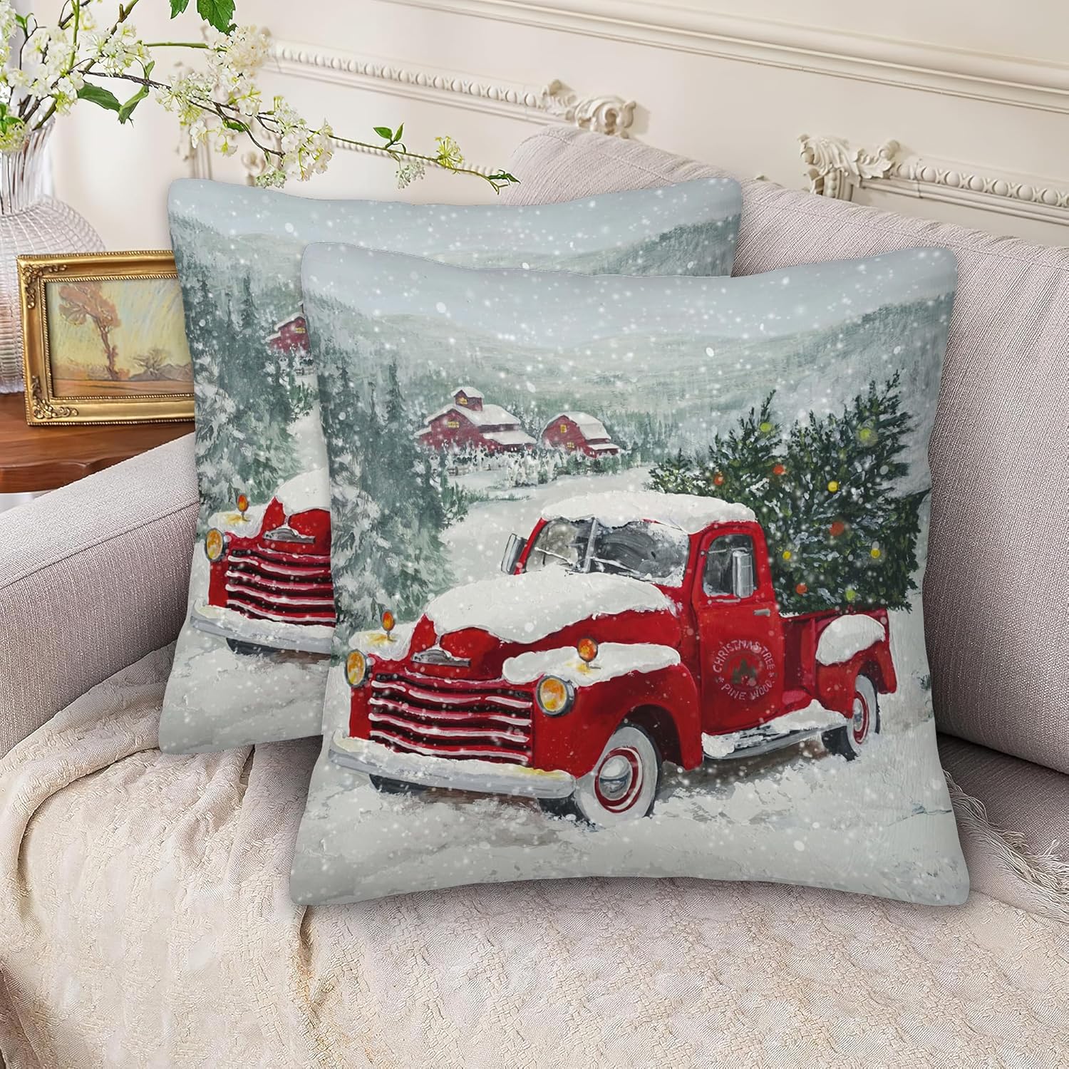 SKYDAWNY Juego de 2 fundas de almohada de árboles de Navidad de 18 x 18 pulgadas, fundas de almohada decorativas con nieve y camión rojo, funda