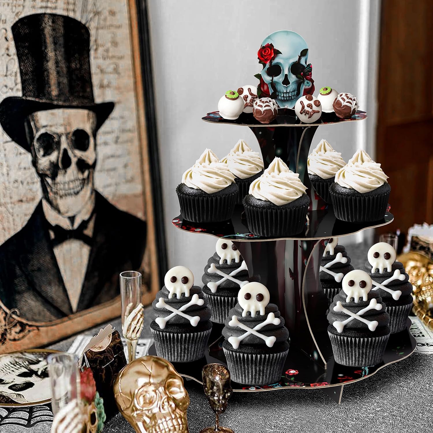 Cheerland Soporte gótico para cupcakes con diseño de calavera de rosa para decoración de fiesta de Halloween, decoración de mesa de esqueleto