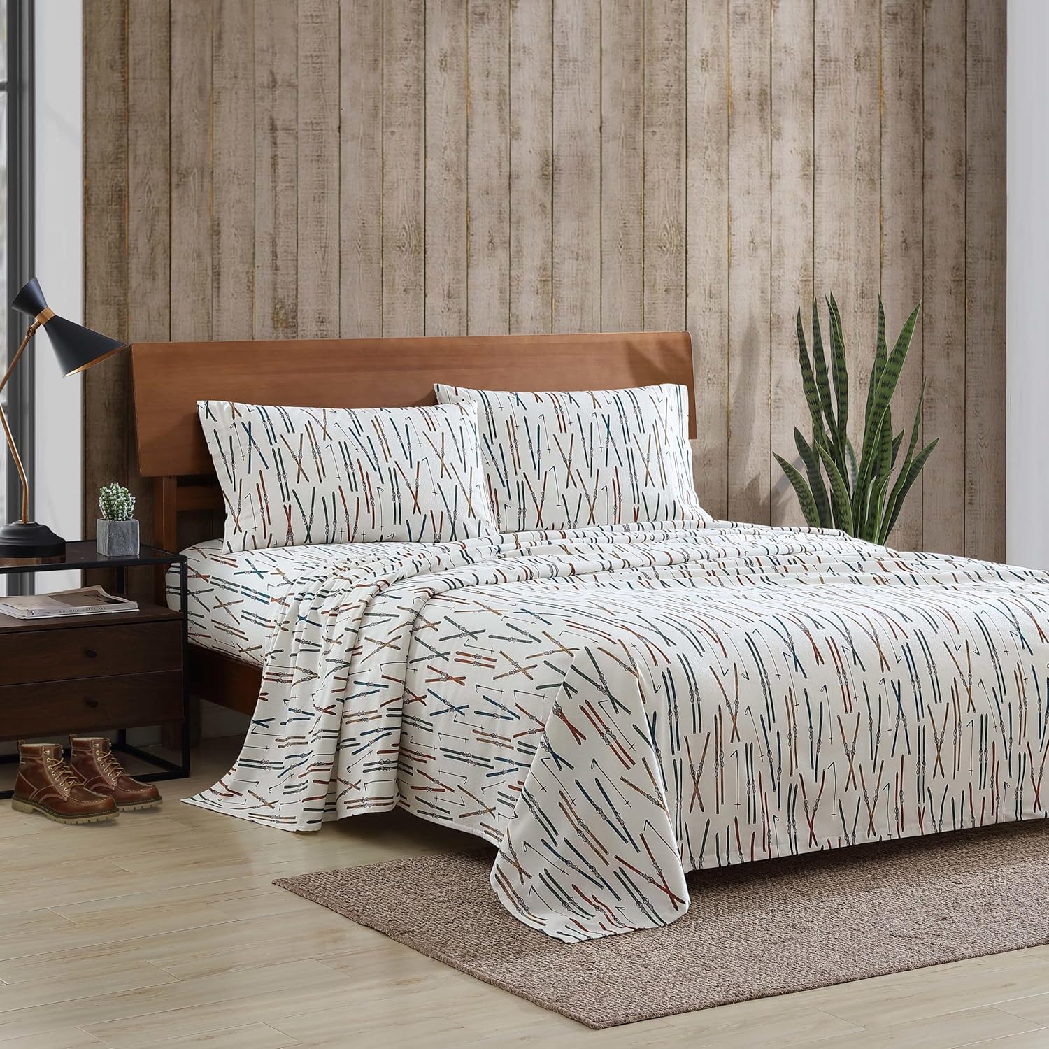 Eddie Bauer – Juego de sábanas de tamaño Queen, de franela de algodón, cepillado para mayor suavidad, acogedora decoración para el hogar (Ski Line,