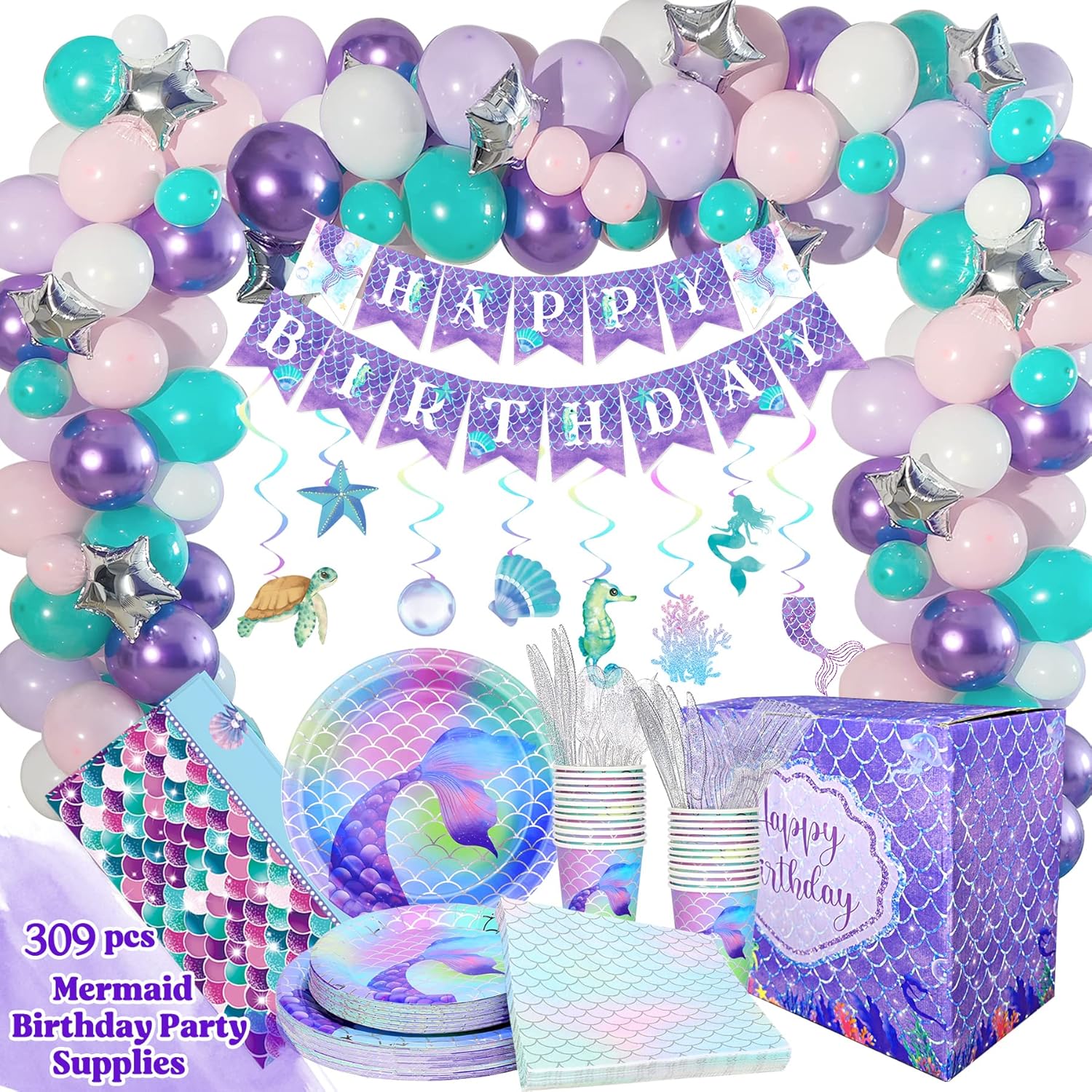 309 piezas de suministros de fiesta de cumpleaños de sirena (sirve 24), decoraciones de fiesta de cumpleaños de sirena para niñas, decoración de