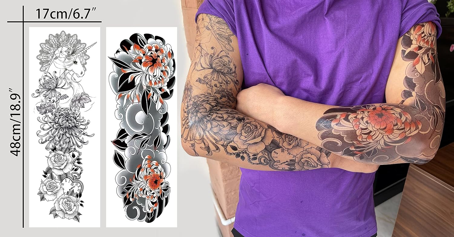 Aresvns Tatuajes temporales de brazo completo para hombres y mujeres, tatuajes falsos realistas impermeables y de larga duración