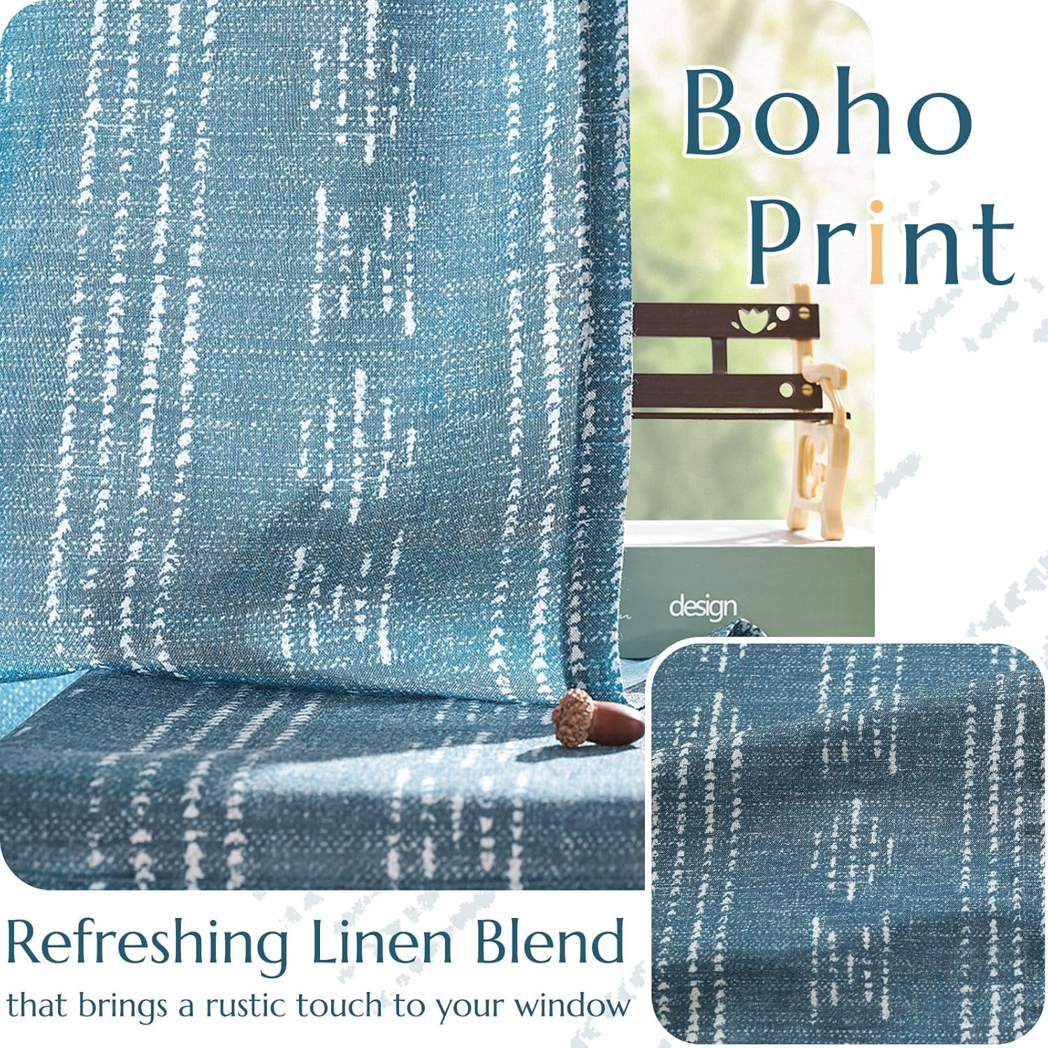 jinchan Cortinas bohemias de lino para sala de estar, cortinas bohemias azules de 84 pulgadas de largo para dormitorio, cortinas semitransparentes
