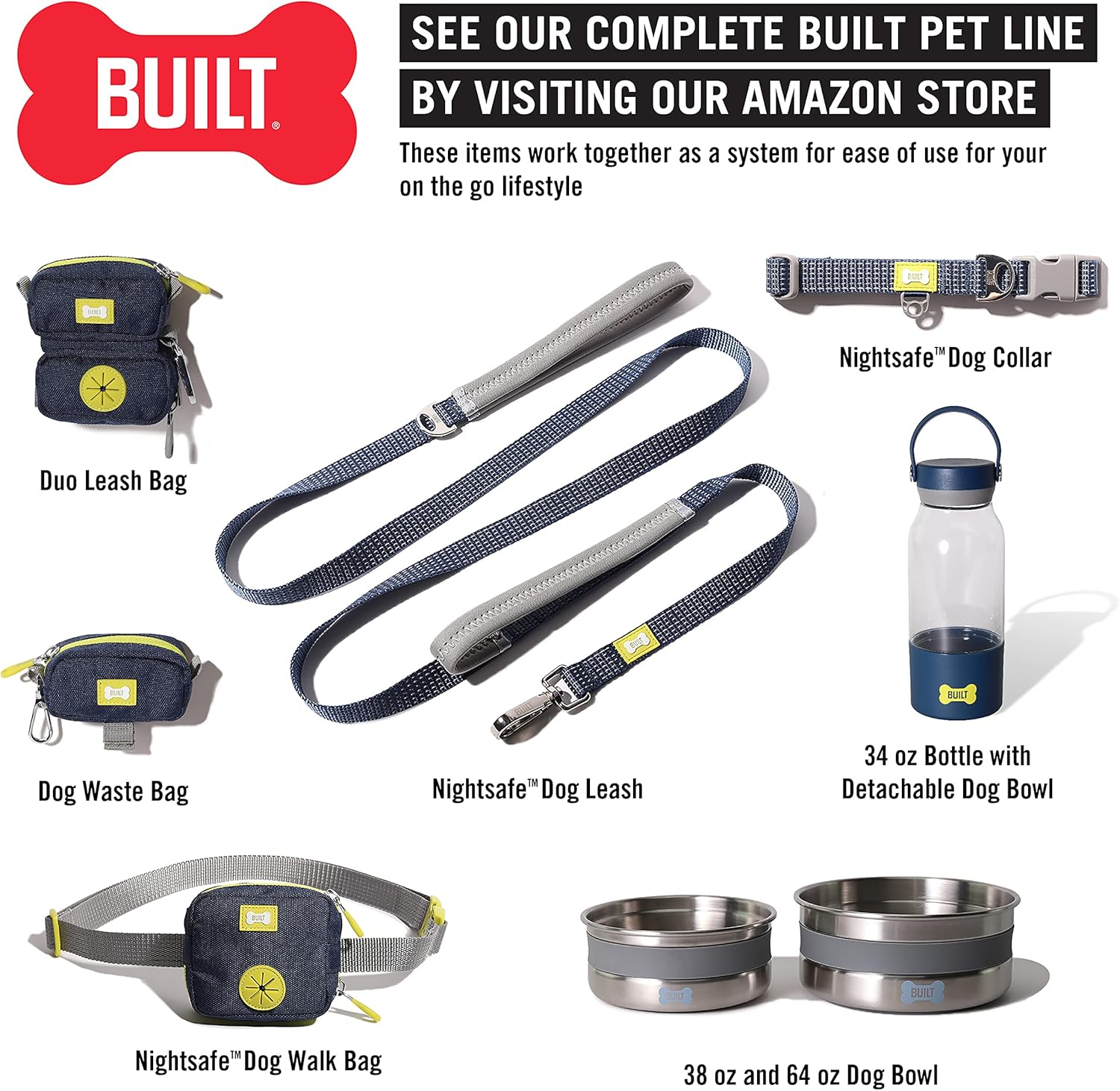 BUILT Pet Nightsafe – Collar para perro grande, azul marino y amarillo