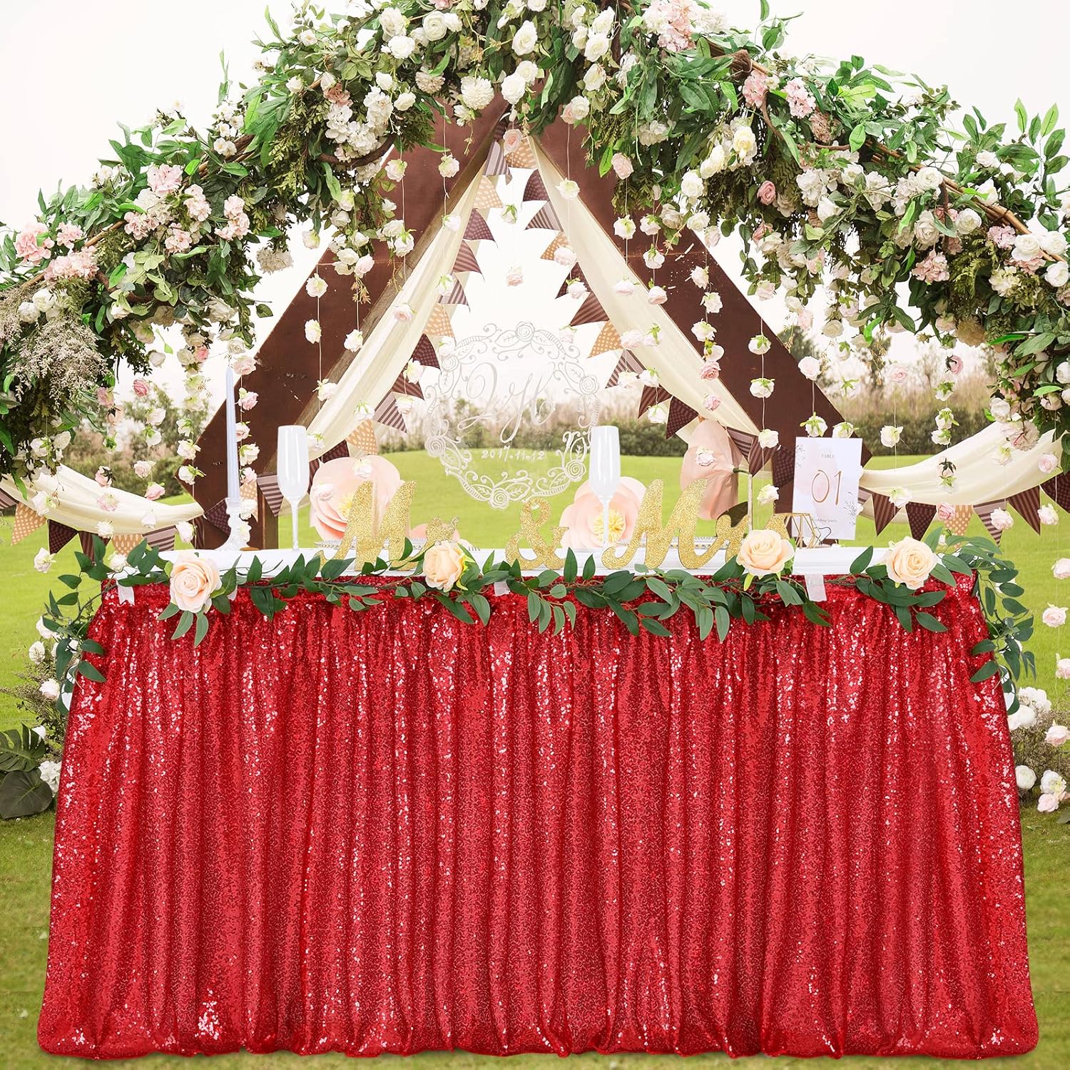 Falda de mesa de lentejuelas rojas de 9 pies para mesa redonda rectangular cuadrada para fiesta, boda, cumpleaños