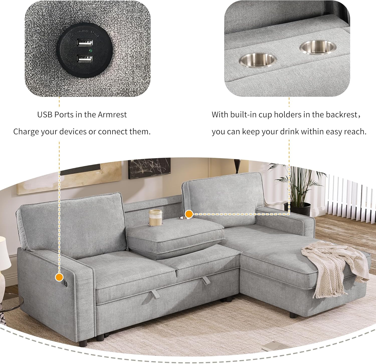 JULYFOX Sofá cama seccional L con diván de almacenamiento, sofá modular esquinero de color gris con portavasos oculto, 2 puertos USB de 89 pulgadas