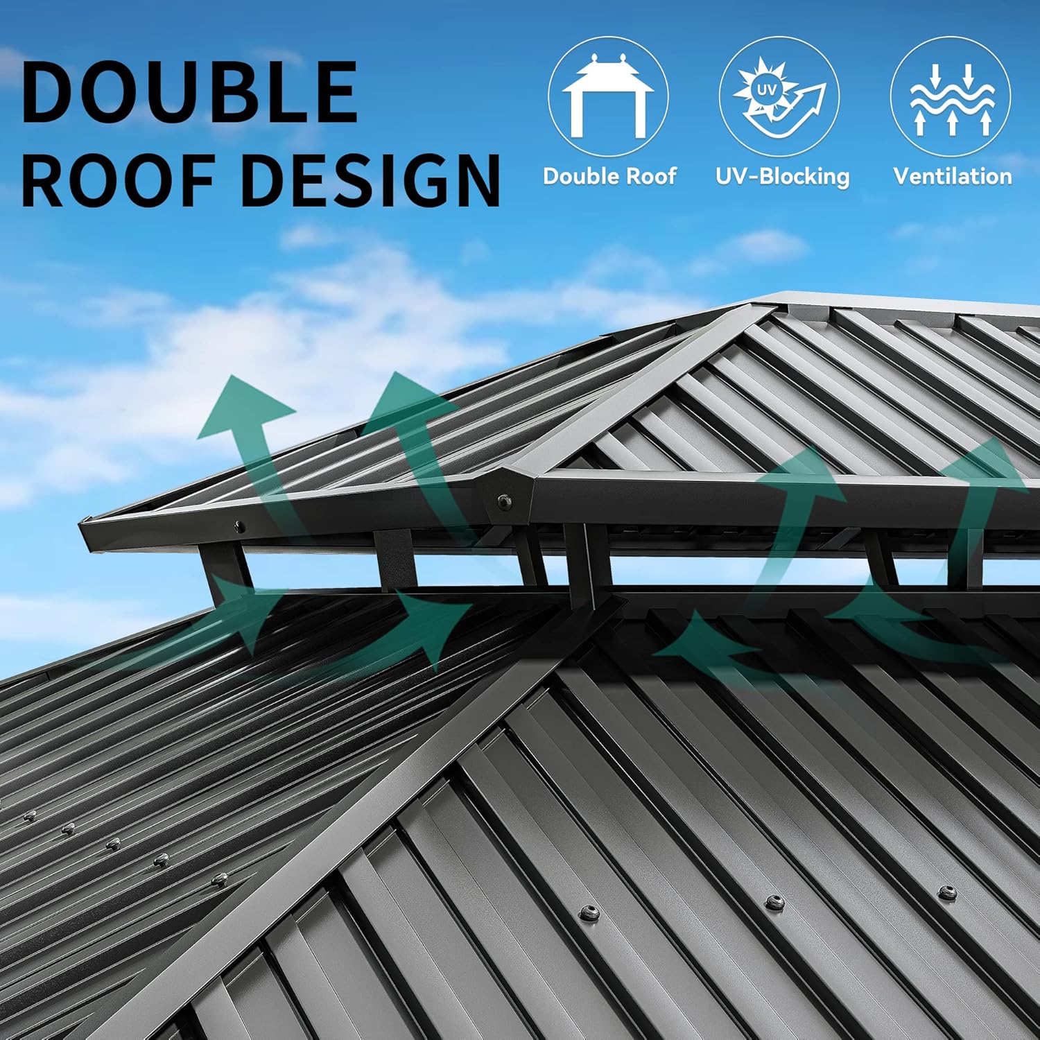 DWVO 12x16ft Hardtop Gazebo Double Roof with Nettings and Curtains, Heavy Duty Galvanized Steel Outdoor Vertical Stripes Roof for Patio, Backyard,