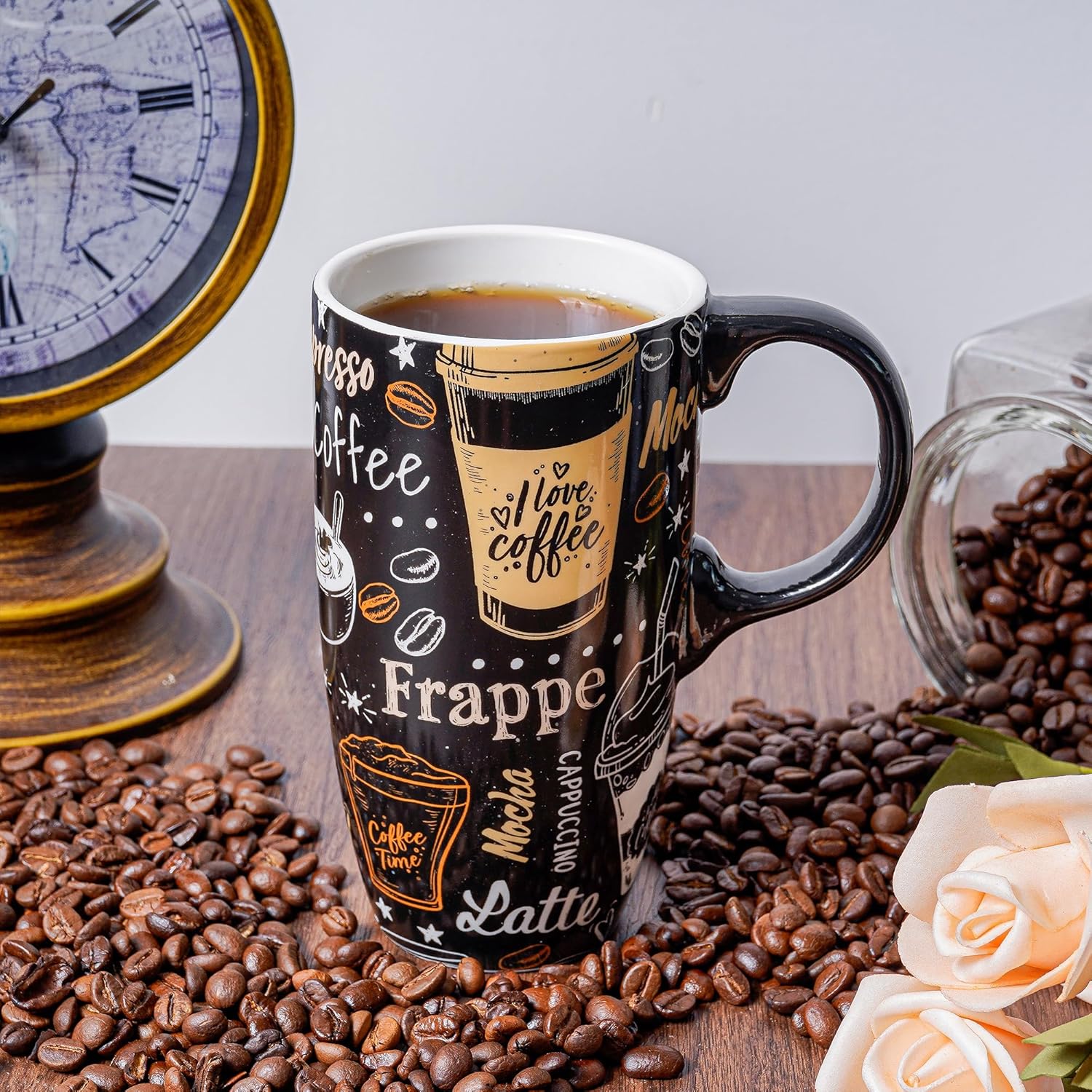 Topadorn Taza de cerámica de porcelana Latte Tea Cup Taza de café con caja de regalo, 17oz.Taza de viaje con tapa, estilo café