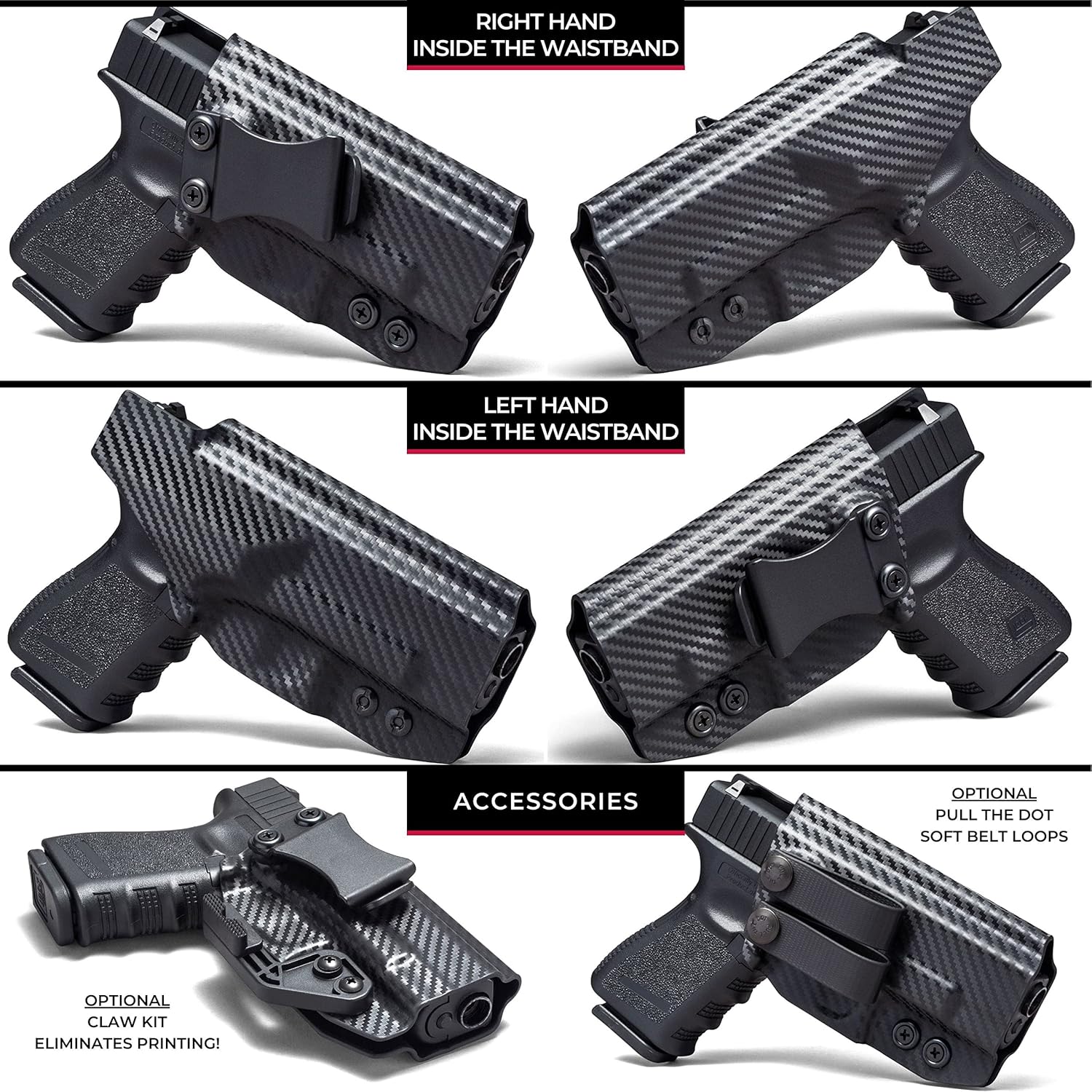 Óptica redondeadaRMR Cut IWB KYDEX Holster  Compatible con garras  Retención ‘Posi-Click’  Ajuste personalizado  Adj. Cant  100% fabricado en