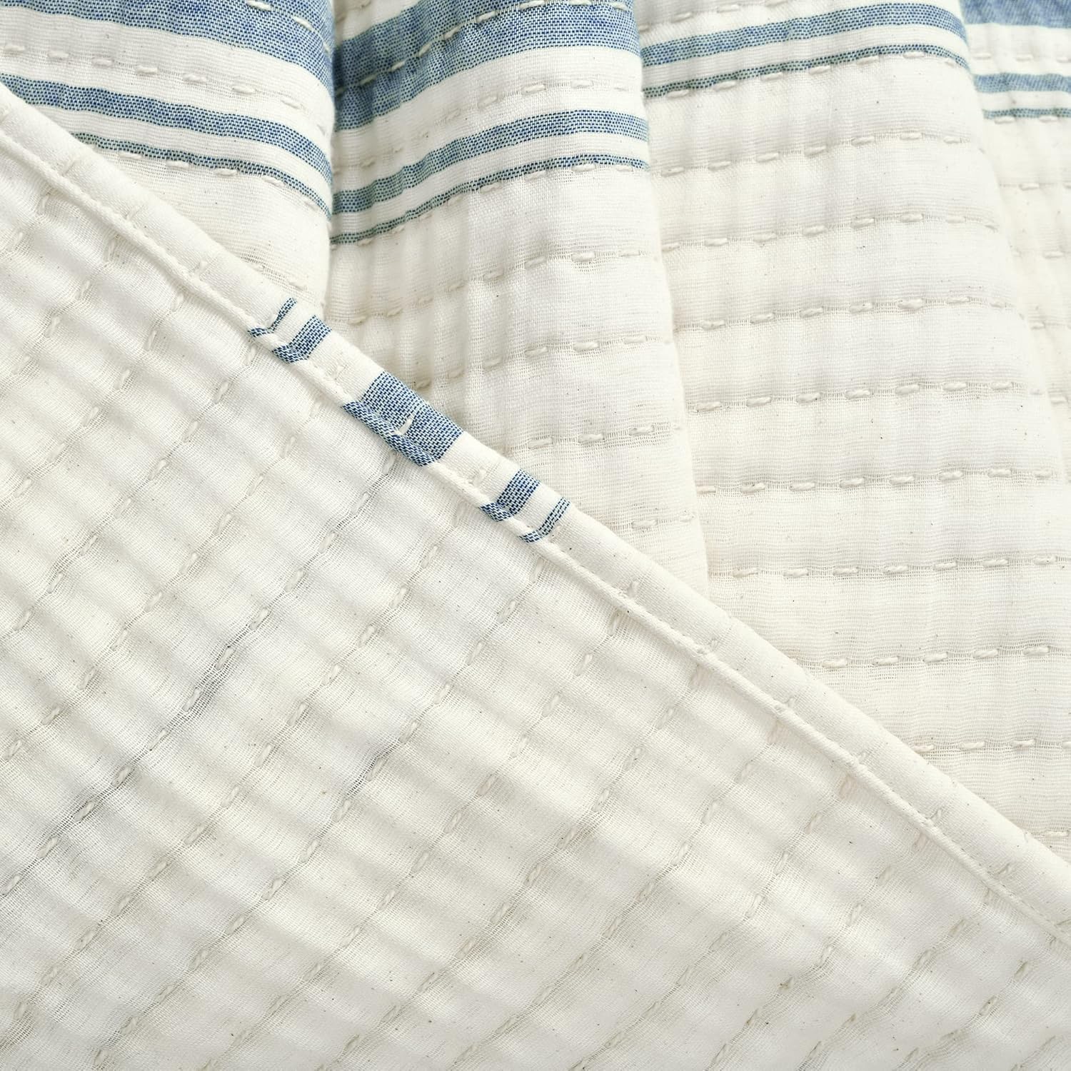 Lush Decor Farmhouse Stripe Kantha Pick Stich – Manta tejida de algodón teñido, reversible, 50 x 60 pulgadas, color azul